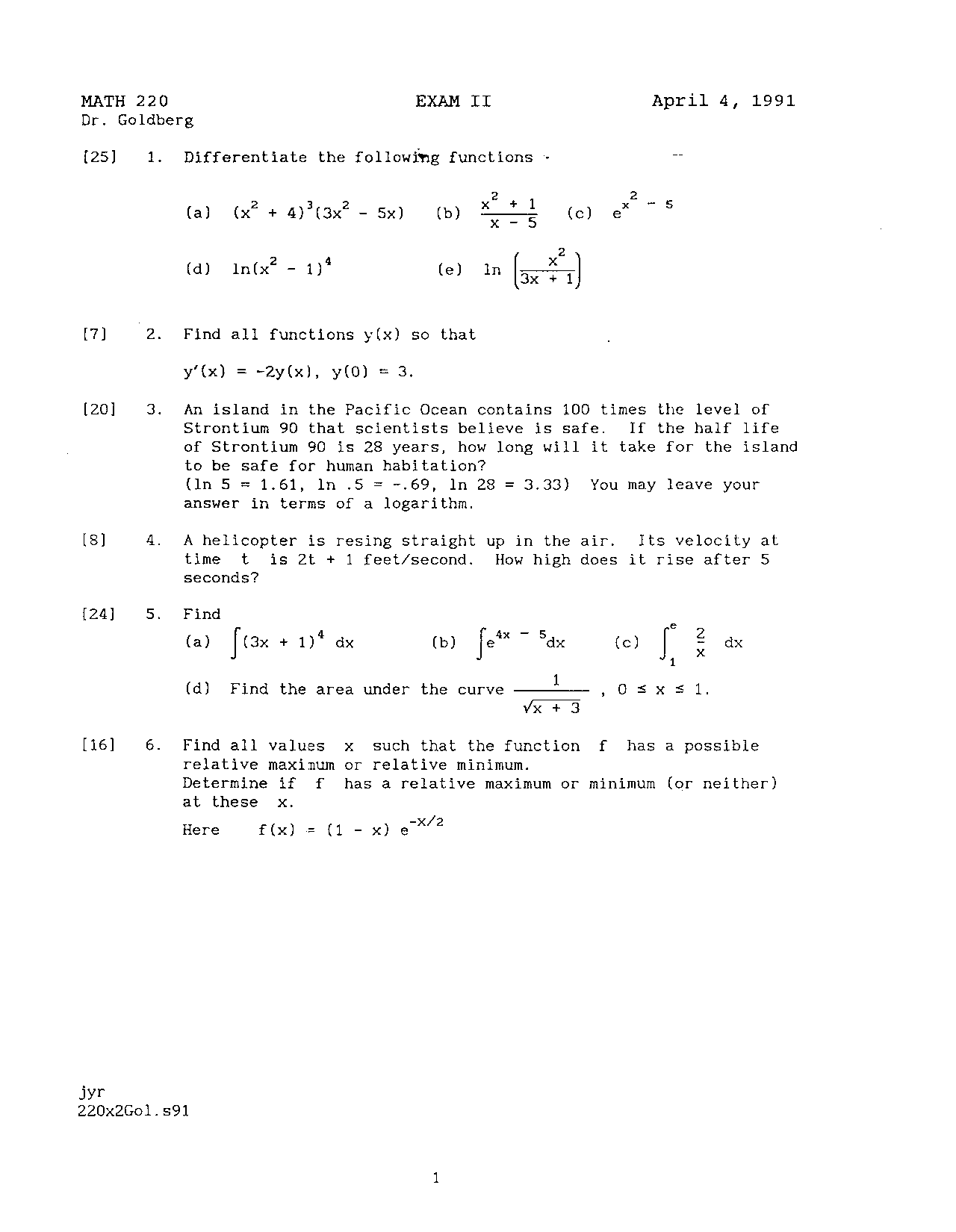MATH 220 Exam II by Dr. Goldberg, April 4, 1991 - Prof. Seymour ...