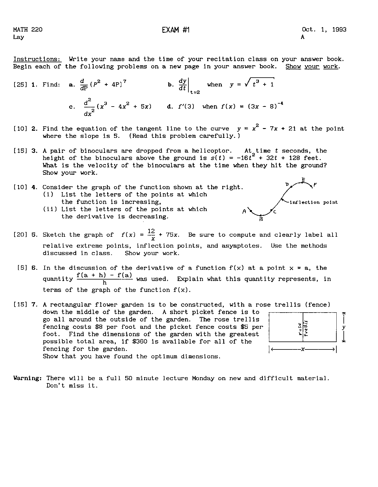 Test I Questions - Elementary Calculus I | MATH 220 - Docsity