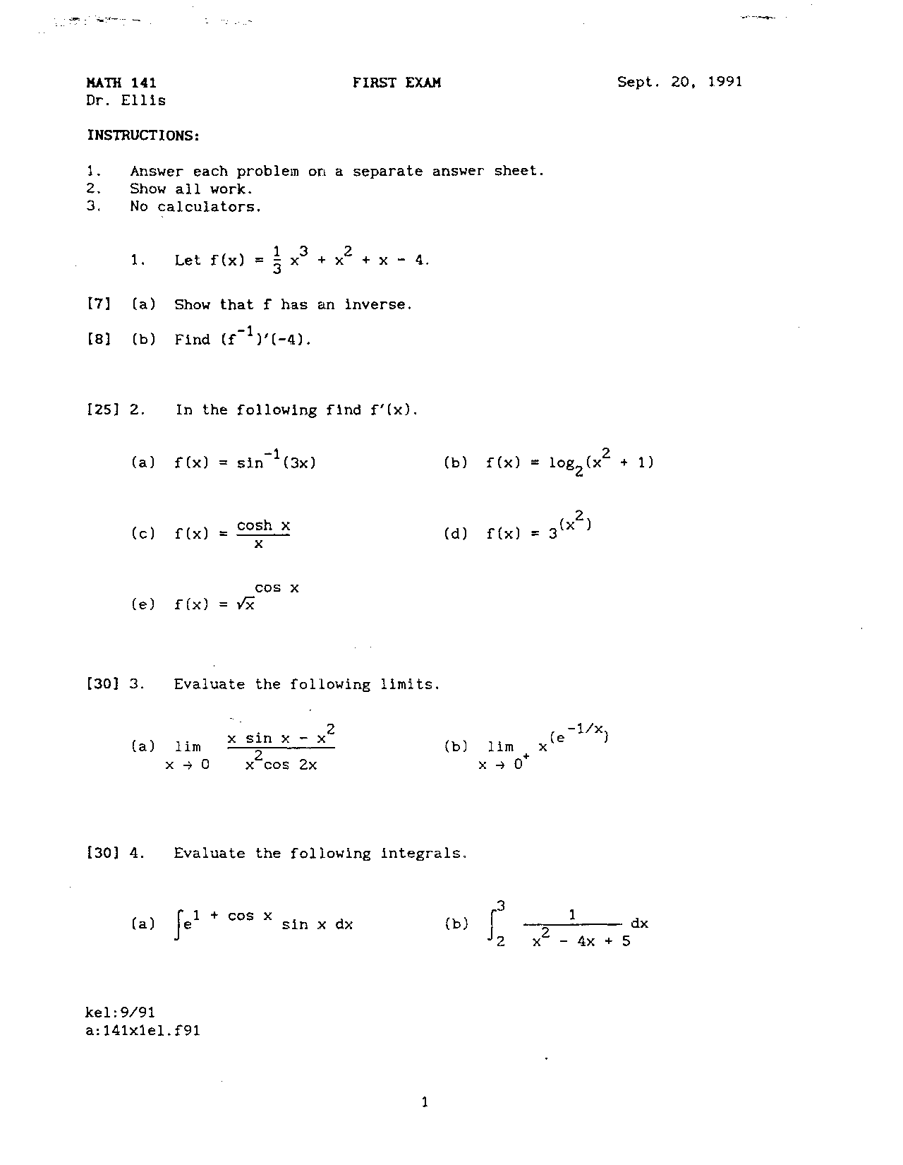 MATH 141 First Exam September 1991: Problem Solving and Calculus - Prof ...