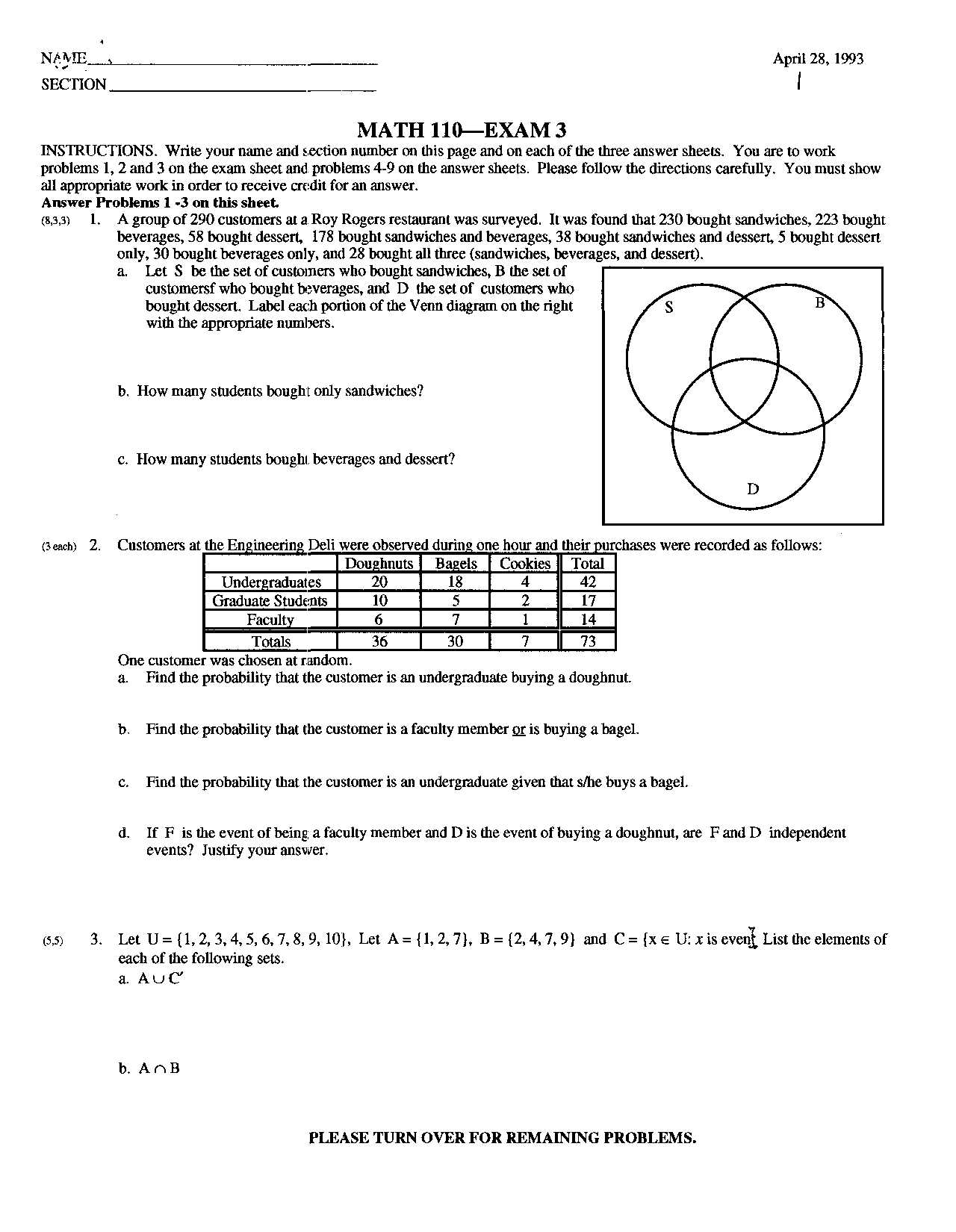 Elementary Mathematical Models - Exam 3 with Answers | MATH 110 - Docsity