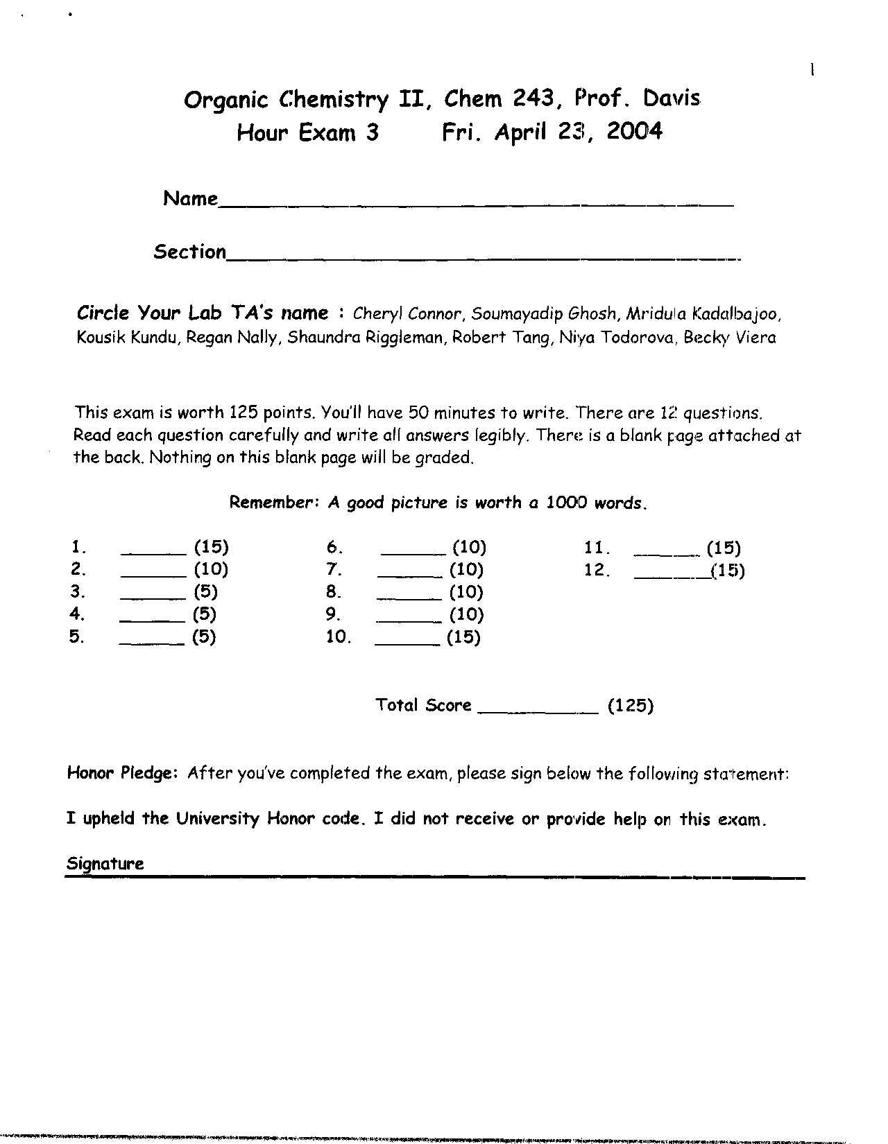 Hour Exam 3 Questions - Organic Chemistry II | CHEM 241 - Docsity