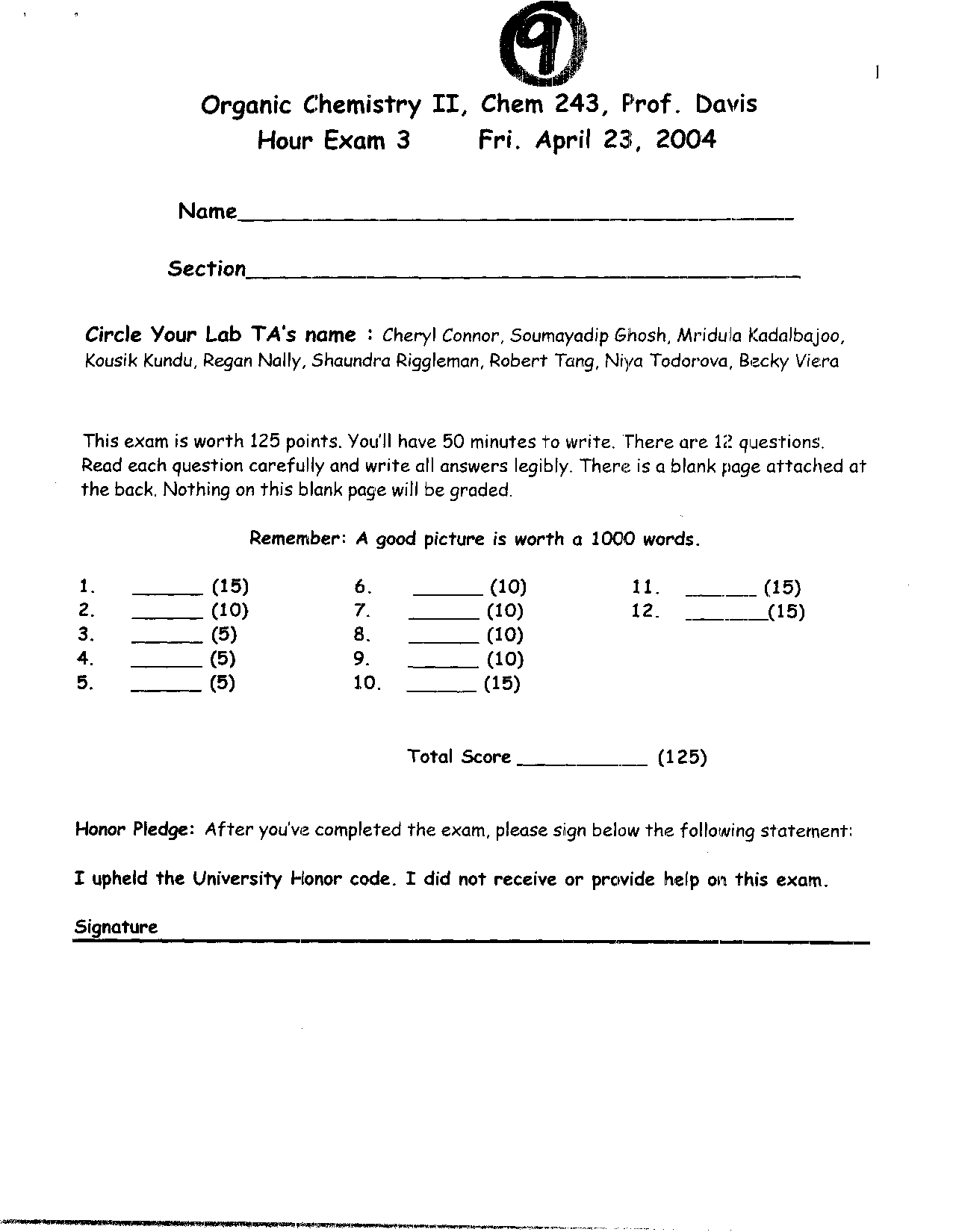 Organic Chemistry II - Hour Exam 3 Question Paper | CHEM 241 - Docsity