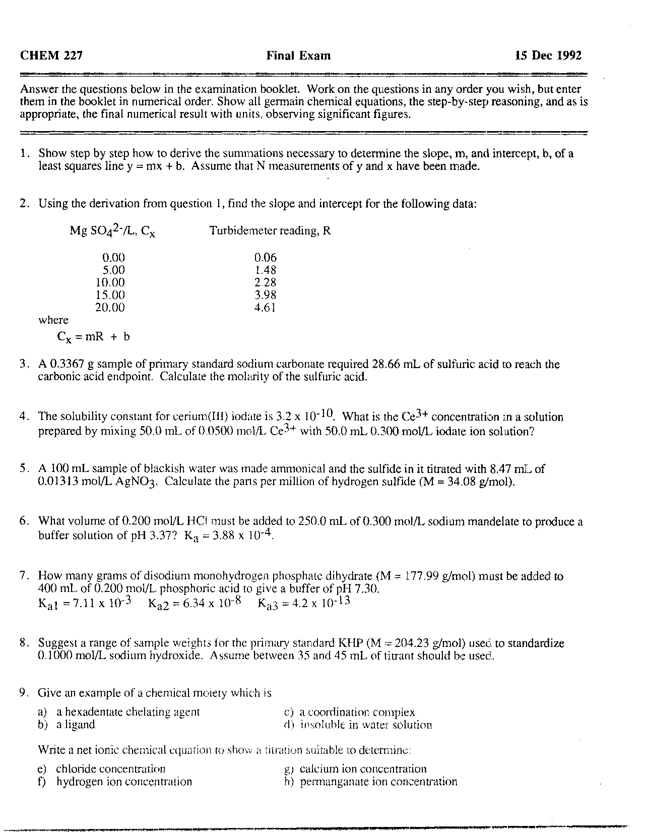 Questions For Final Exam General Bioanalytical Chemistry Laboratory Chem 272 Docsity