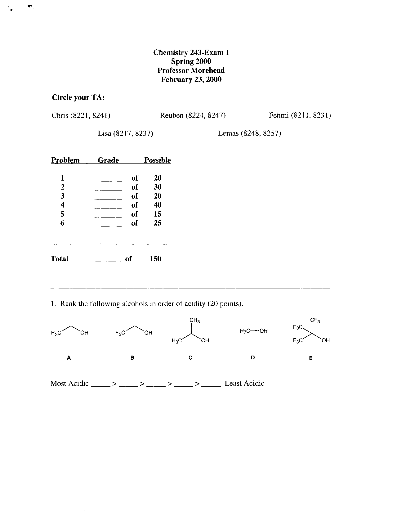 Exam 1 Questions for Solutions - Organic Chemistry II | CHEM 241 - Docsity