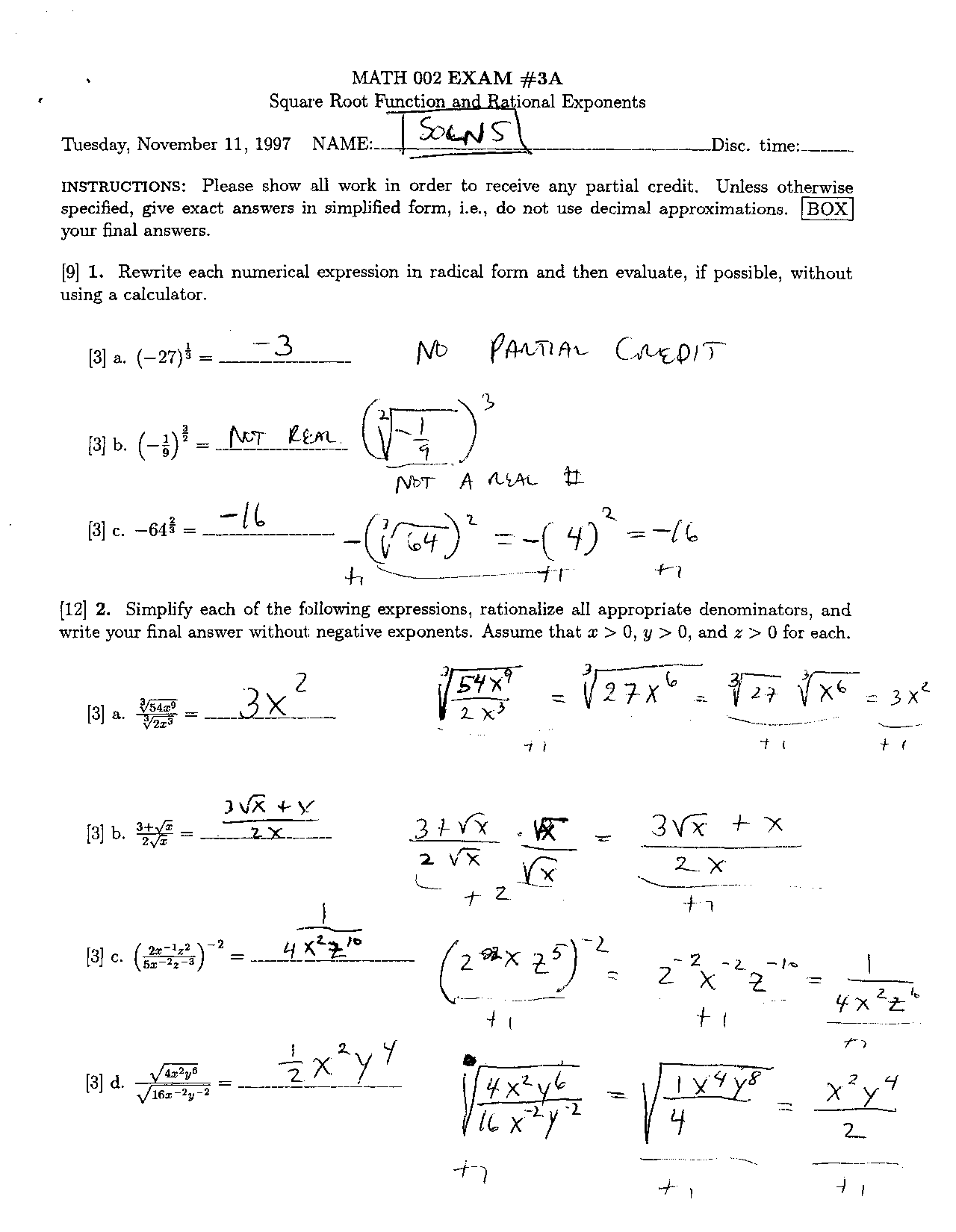 Exam 3A with Solution for Developmental Mathematics | MATH 003 - Docsity