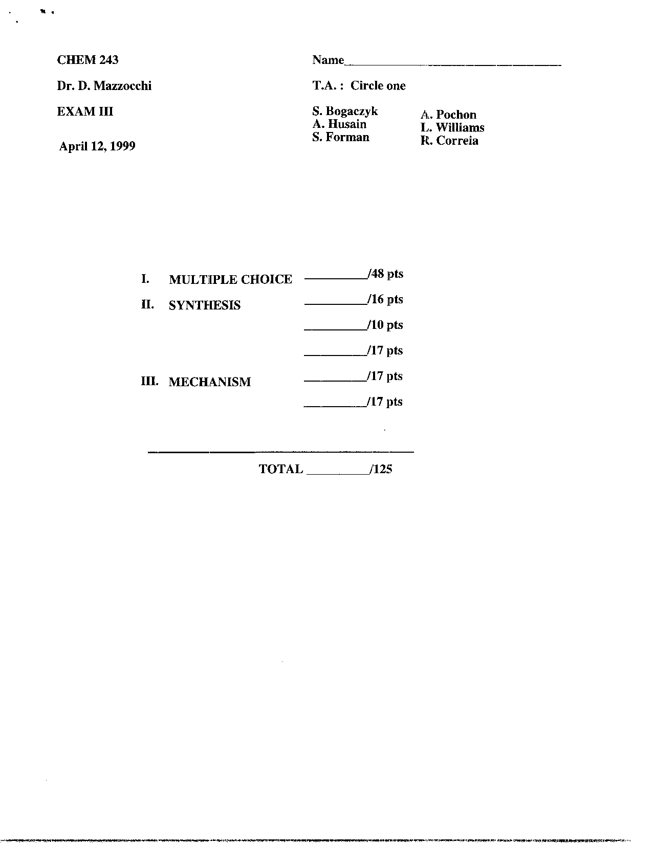 Organic Chemistry II - Exam 3 with Questions | CHEM 241 - Docsity