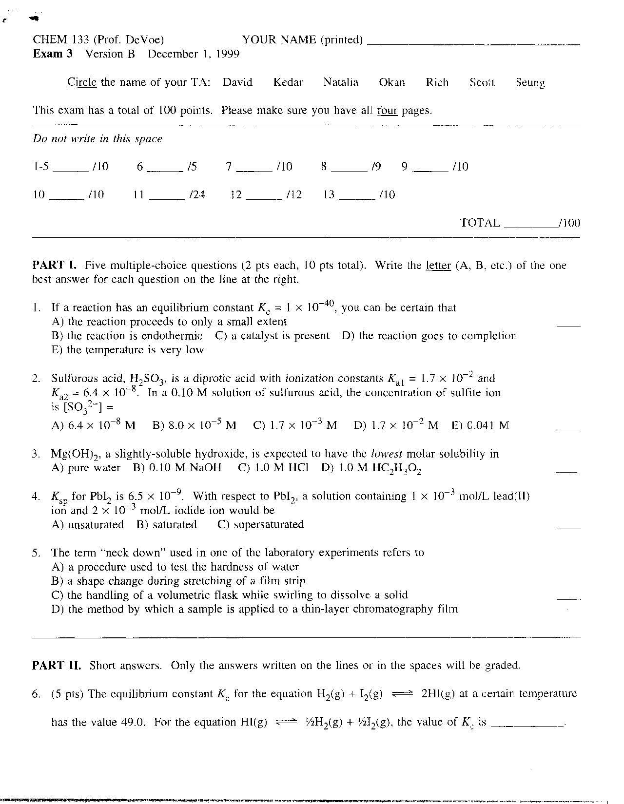 CHEM 133 Exam 3 - December 1, 1999 - Prof. Howard J. Devoe | Exams ...