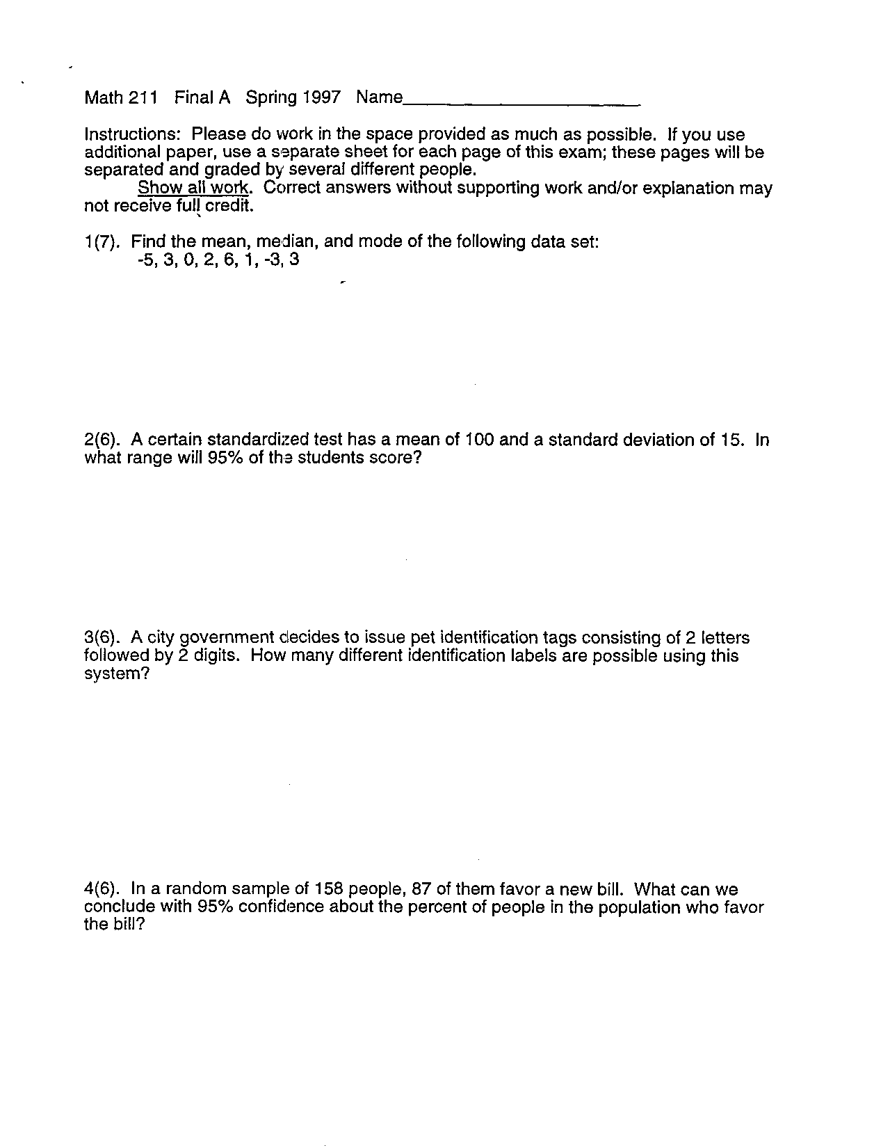 Math 211 Final Exam Spring 1997 | Exams Mathematics | Docsity
