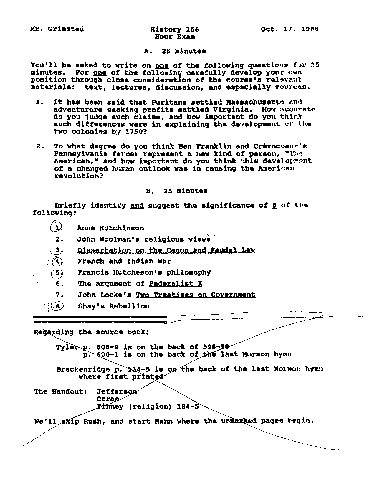 Hour Exam (1988) - History of USA to 1865 | HIST 156 - Docsity