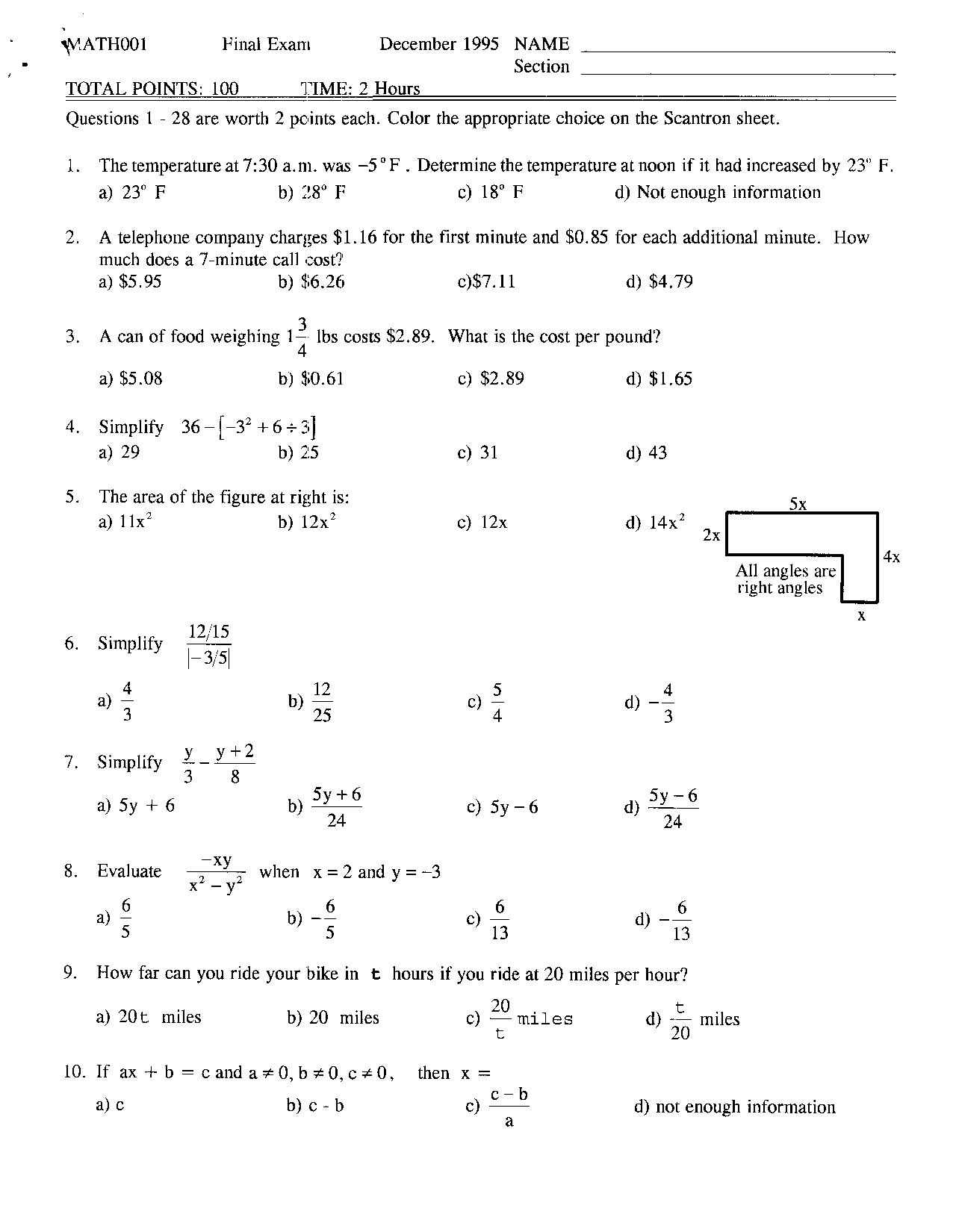 Final Exam with Multiple Choice Questions - Developmental Mathematics ...