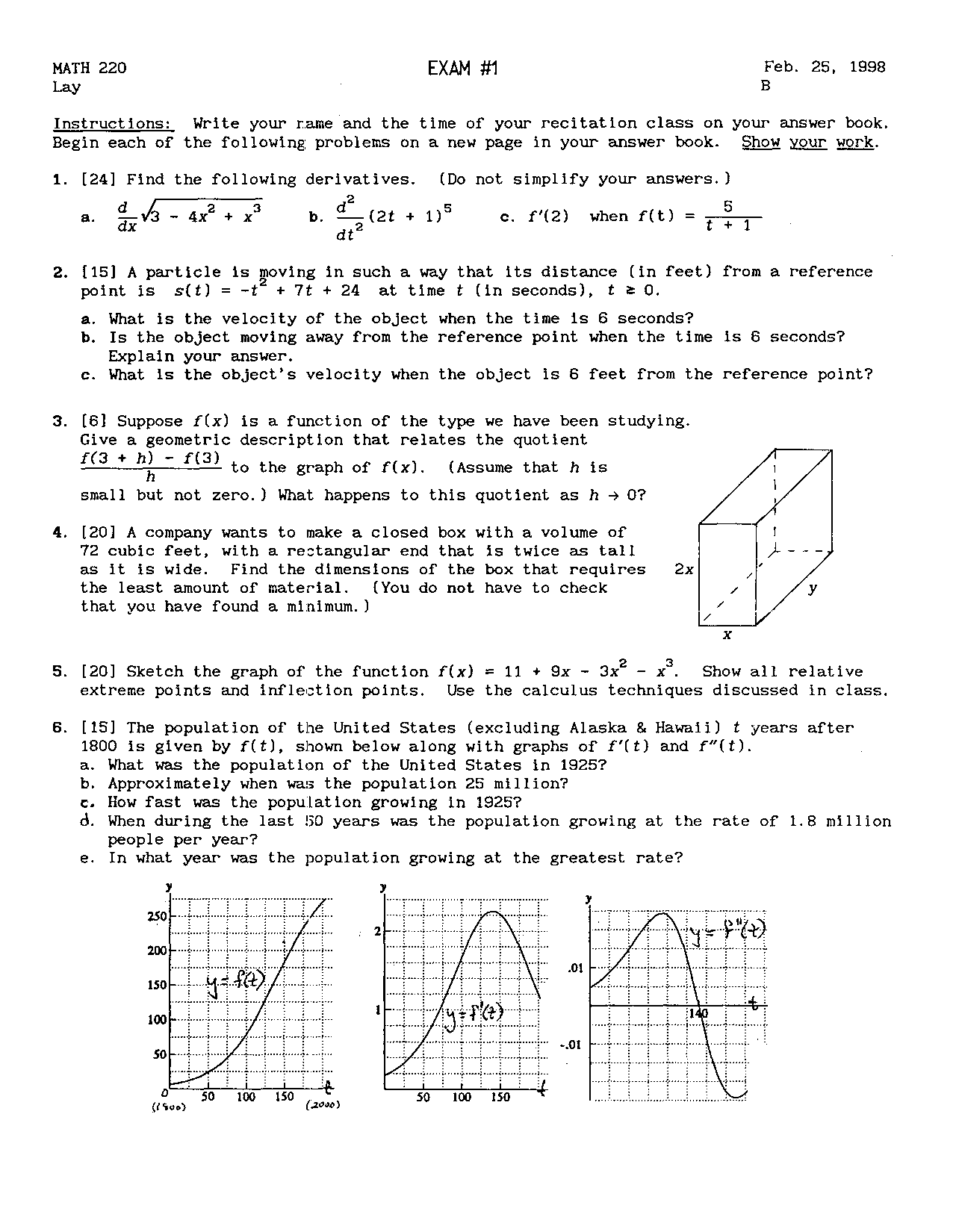 Exam 1 - 6 Questions of Elemental Calculus 1 - Fall 1998 | MATH 220 ...