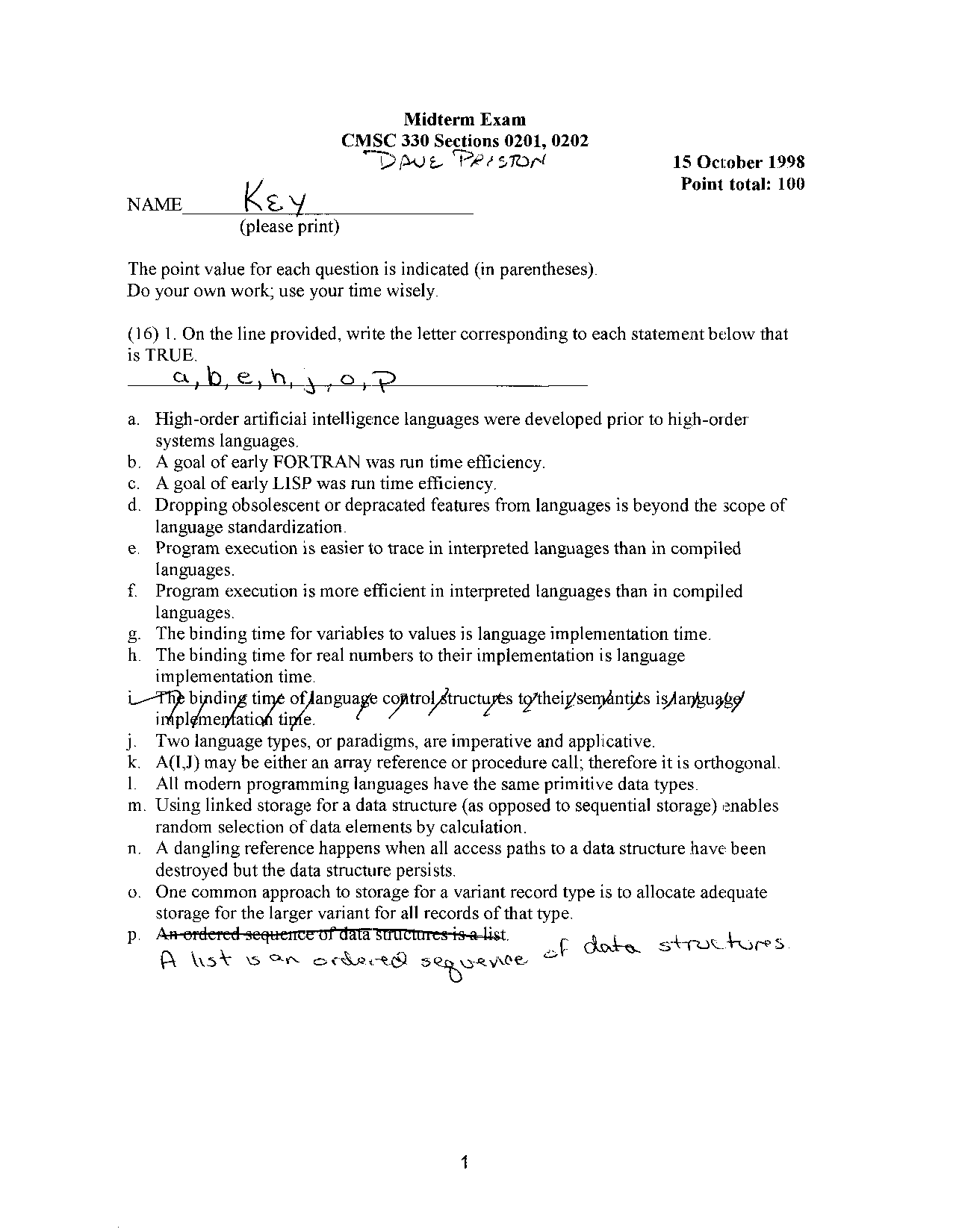 Questions Of Organizational Programming Languages Midterm Exam Cmsc 330 Docsity