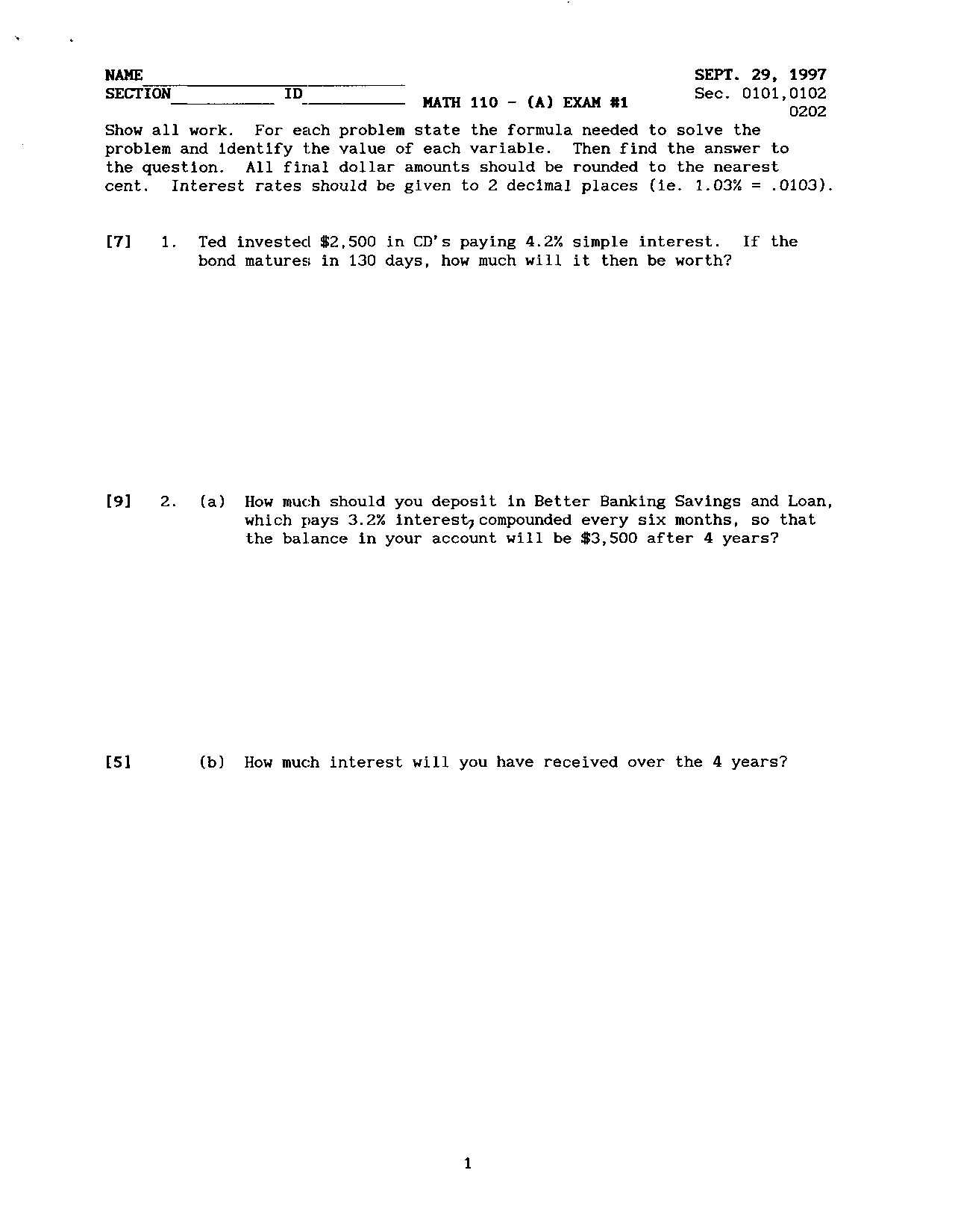 9 Problems on Elementary Mathematics Models - Examination 1 | MATH 110 ...