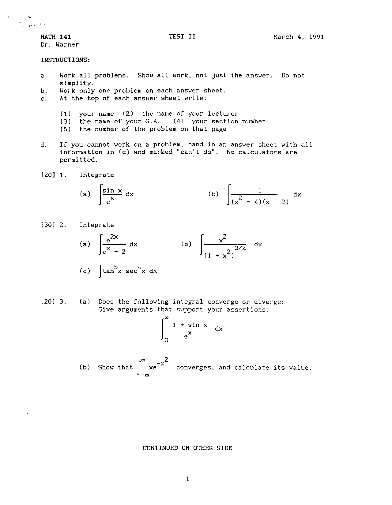 Problems with Solutions - Calculus II - Examination 2 - Fall 1991 ...