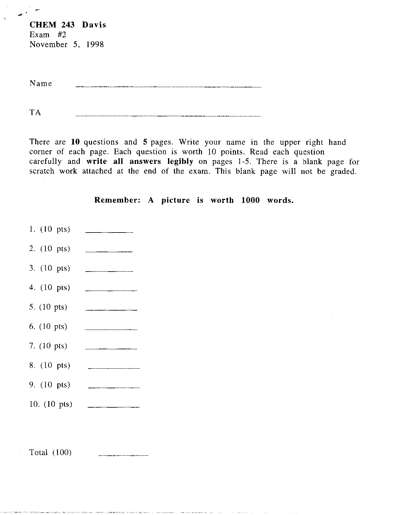 Old Lab Exam Papers Old Exam | Organic Chemistry II - Fall 1998 | CHEM 241 - Docsity