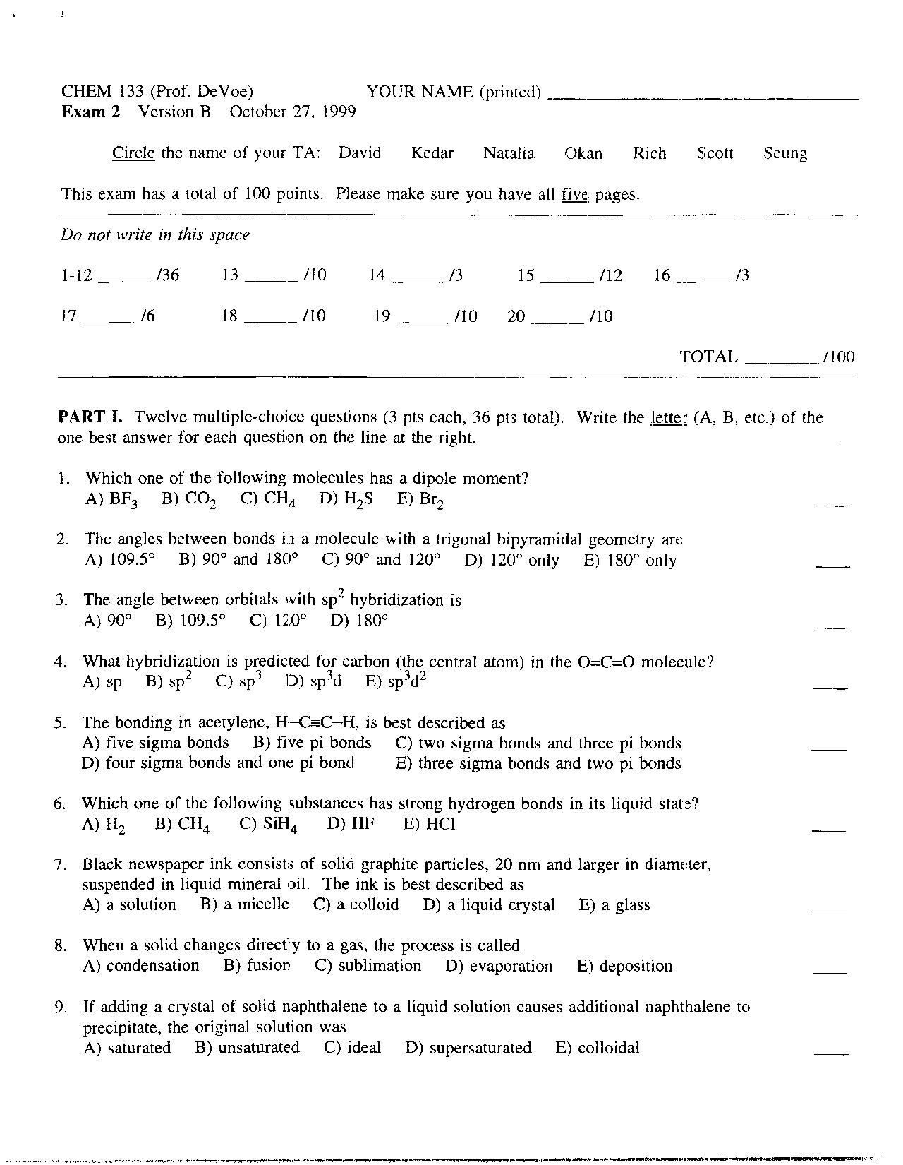 Exam 2, Version B for General Chemistry for Engineers | CHEM 135 - Docsity
