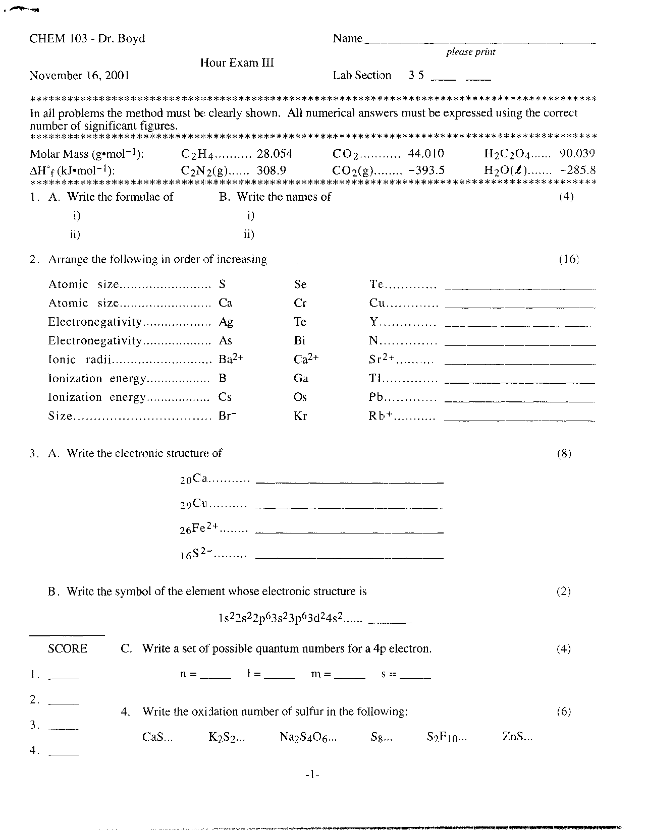 Exam 3 with Questions - General Chemistry | CHEM 103 - Docsity