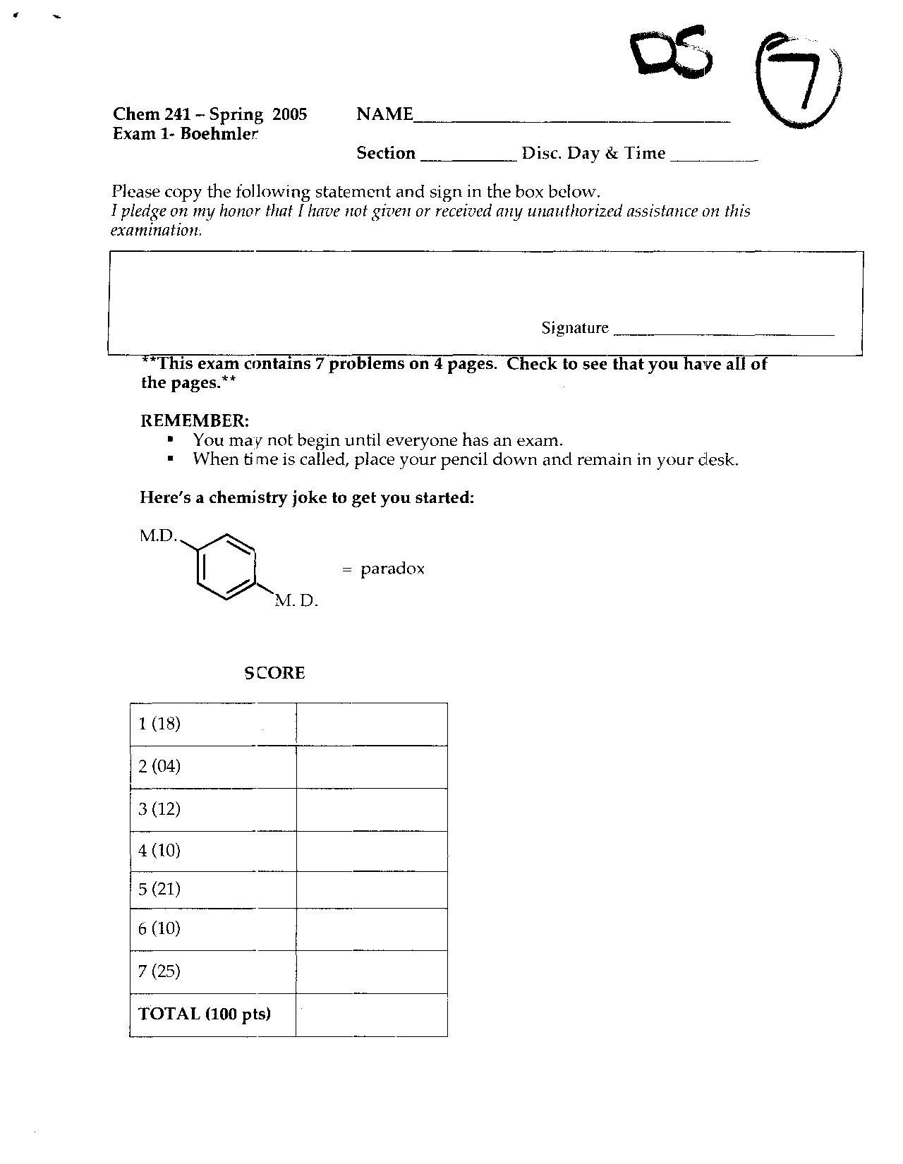 Exam 1 for Problem to Solve - Organic Chemistry II | CHEM 241 - Docsity