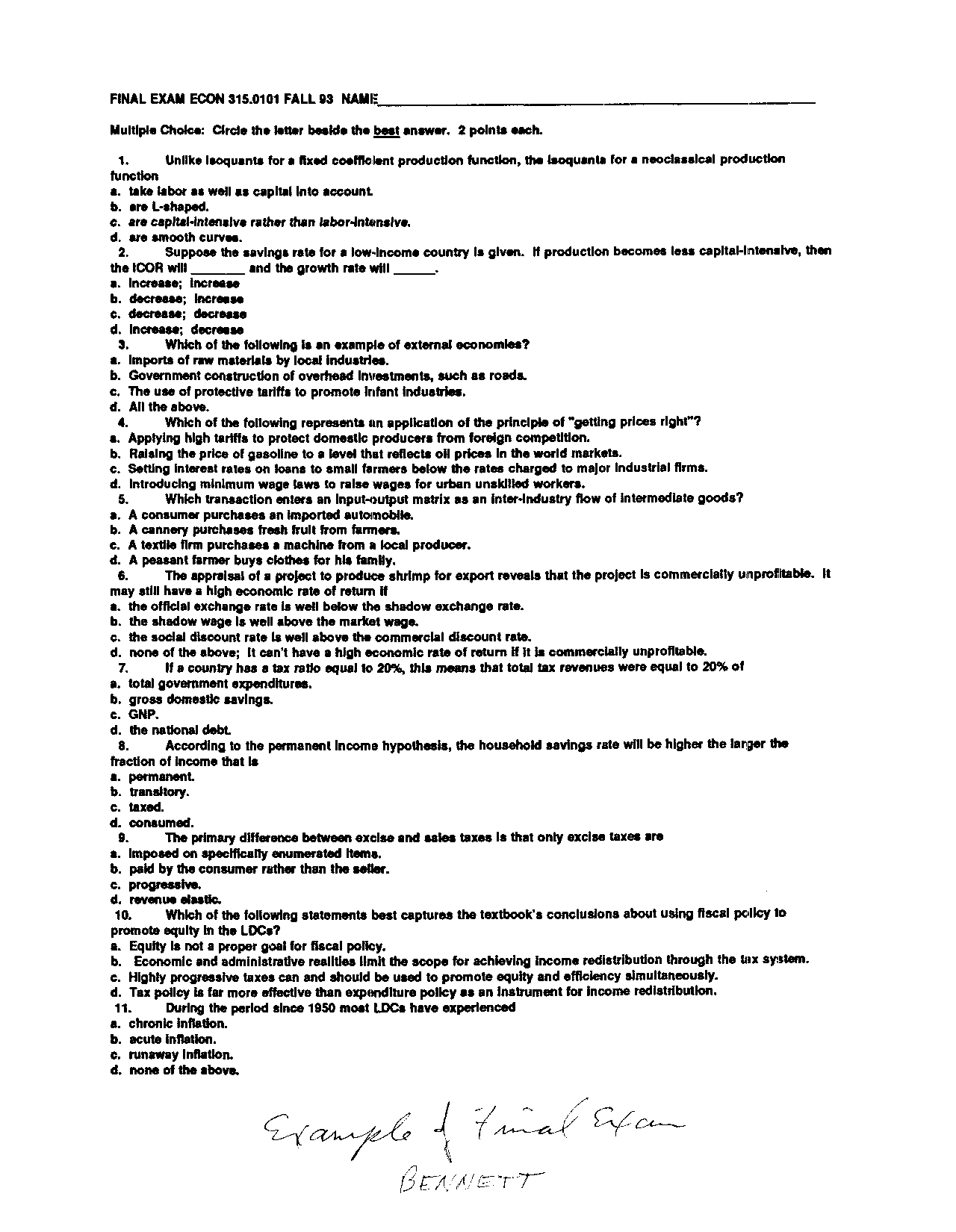 Final Exam with Multiple Choice Questions - Fall 1993 | ECON 315 - Docsity