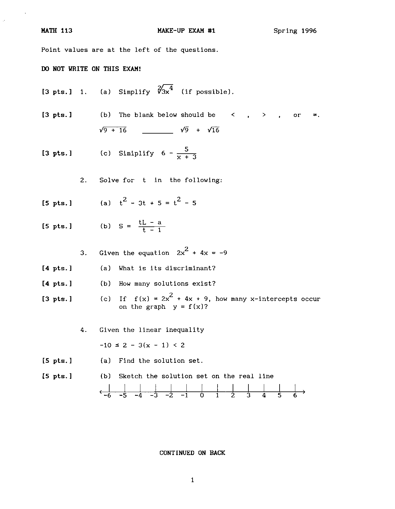 College Test Math Answer Key Exam 1 Answers Key - College Algebra | MATH 113 - Docsity