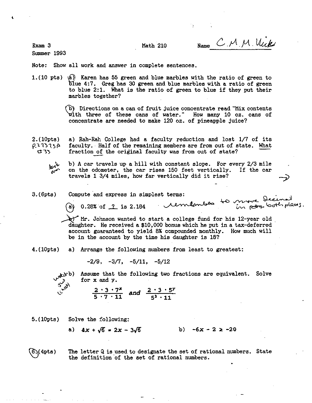 Old Math Tests Old Exam 3 - Elements of Numbers and Operations | MATH 212 - Docsity