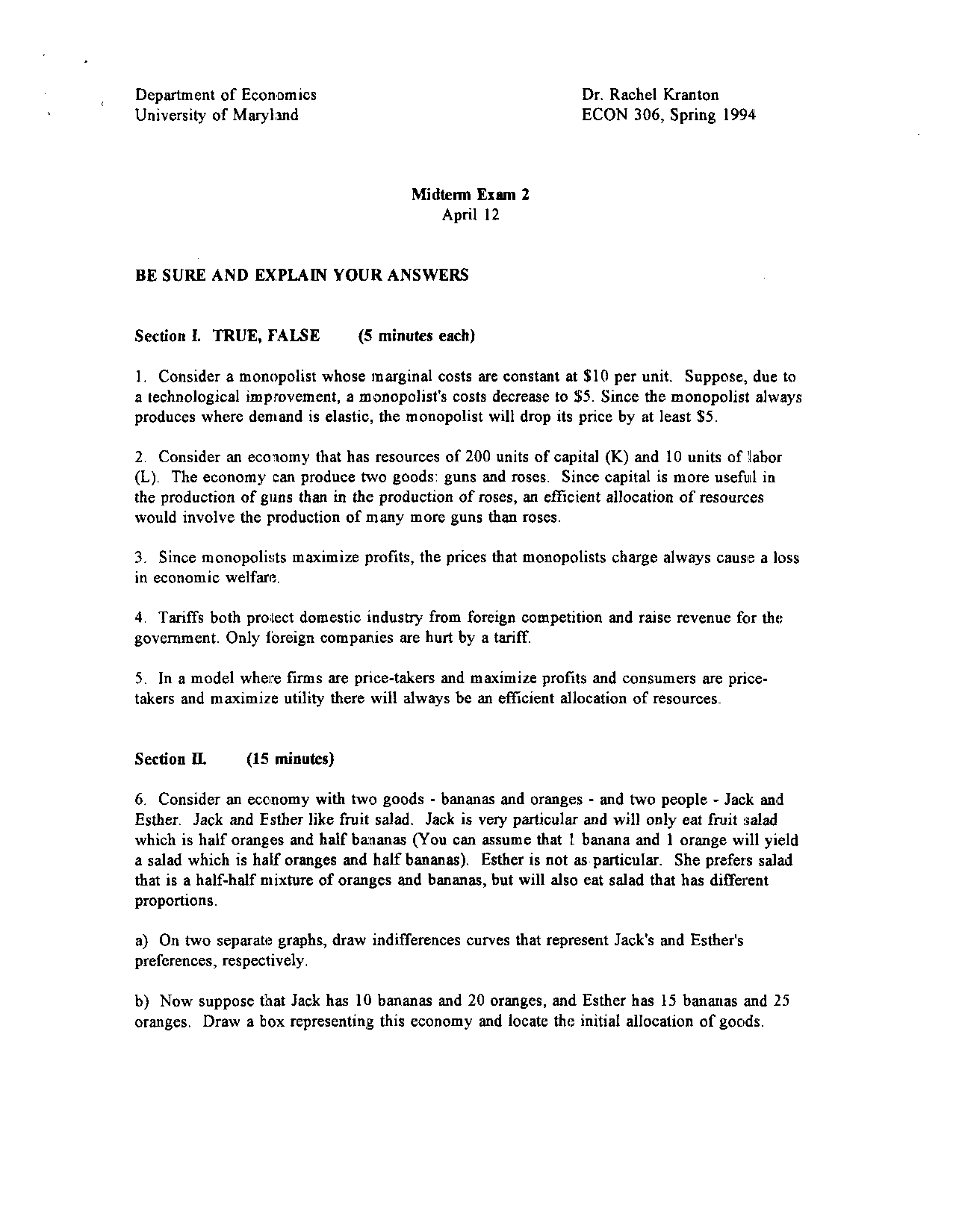 Midterm Exam 2 with Answer - Intermediate Microeconomics Theory | ECON ...