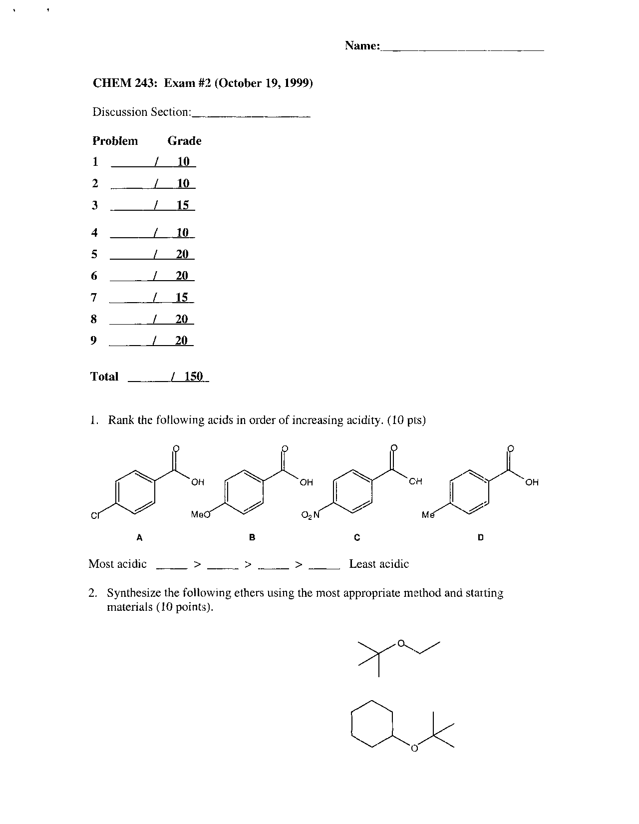 Exam 2 for Organic Chemistry II - !999 | CHEM 241 - Docsity