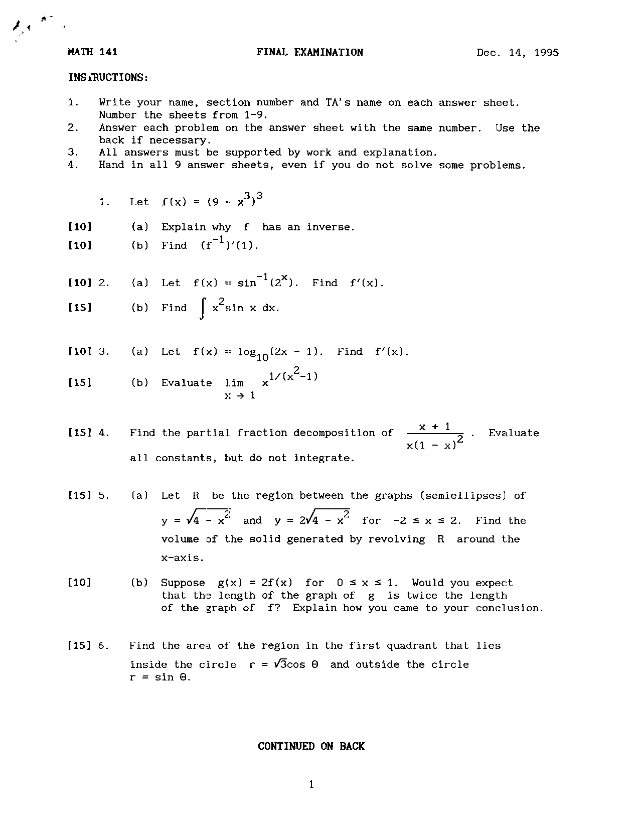 Final Examination with Questions - Calculus II | MATH 141 - Docsity
