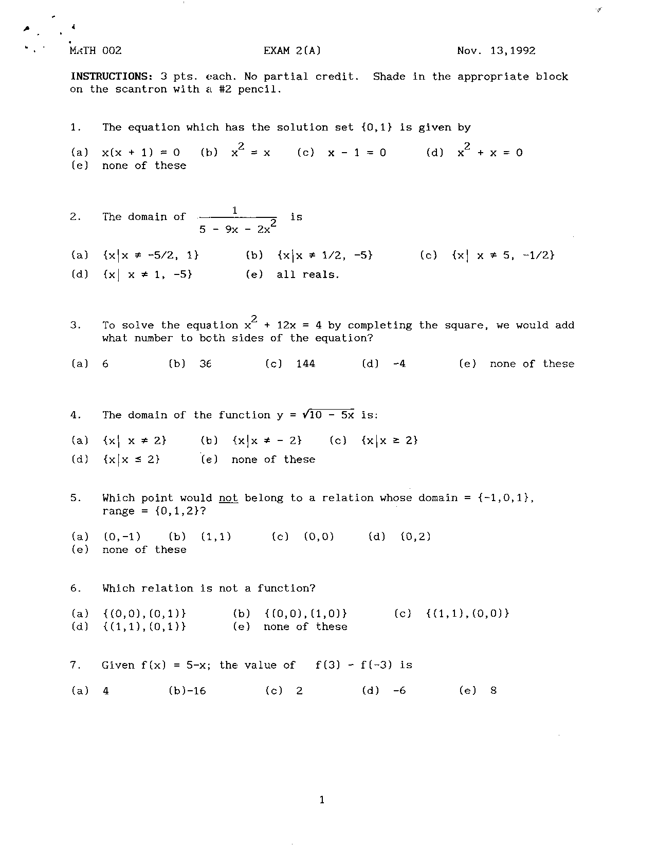 Exam 2A with Multiple Choice Questions - Developmental Mathematics ...