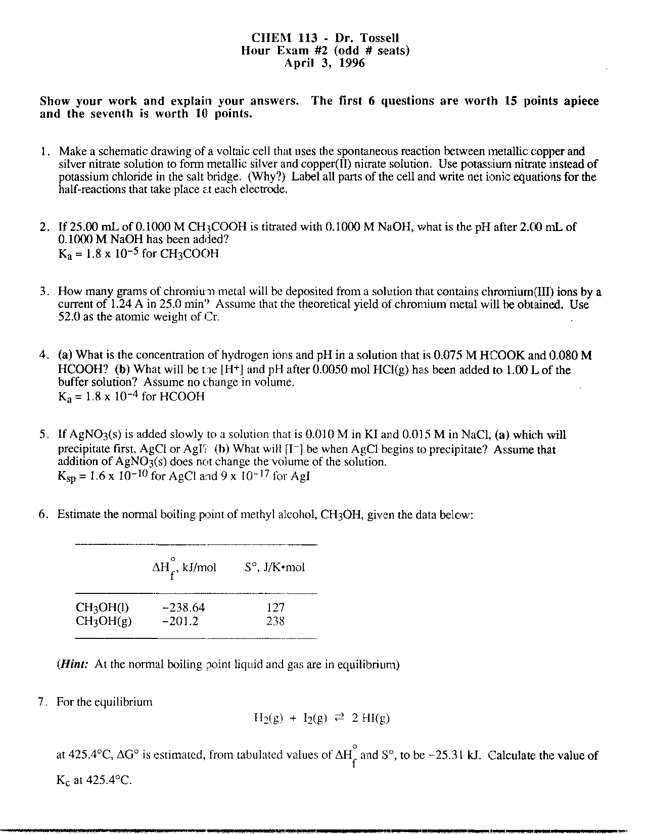 7 Problems in Old Exam 2 - Chemistry Fundamentals II - Fall 1996 | CHEM ...