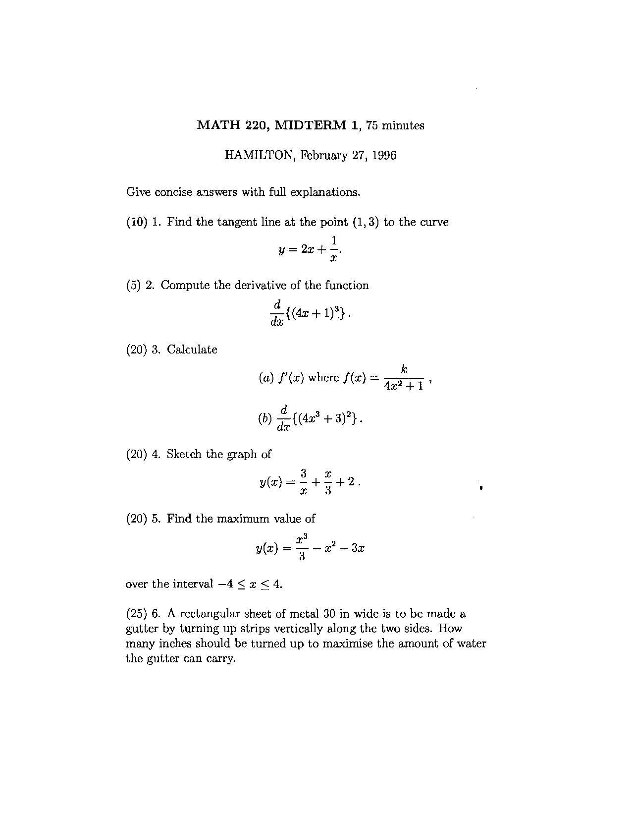 Midterm Exam 1 for Elementary Calculus I | MATH 220 - Docsity