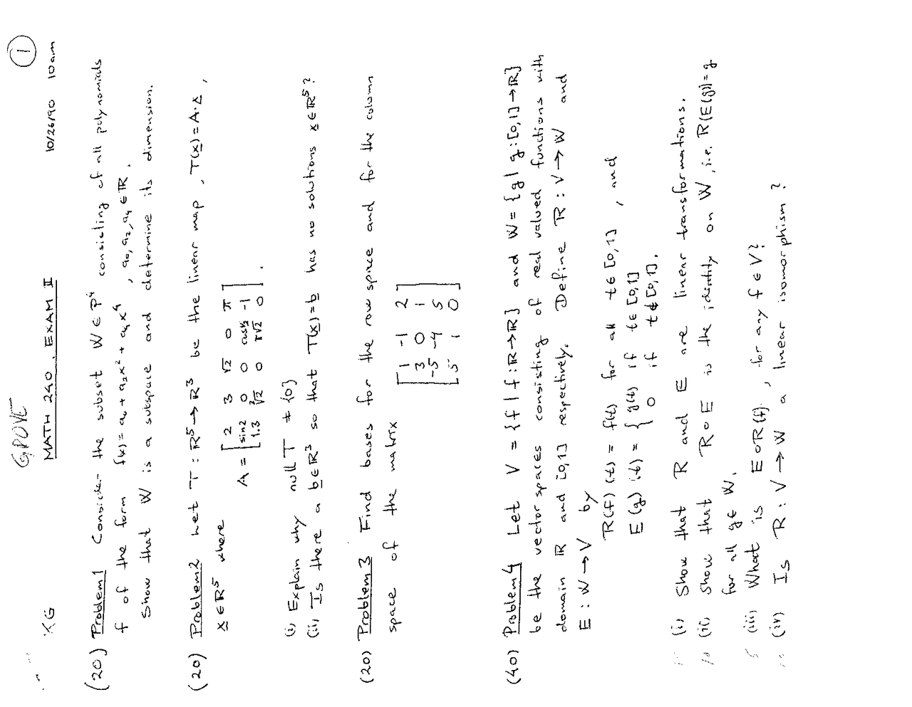 Exam 1 and Exam 2 | Introduction to Linear Algebra | MATH 240 - Docsity