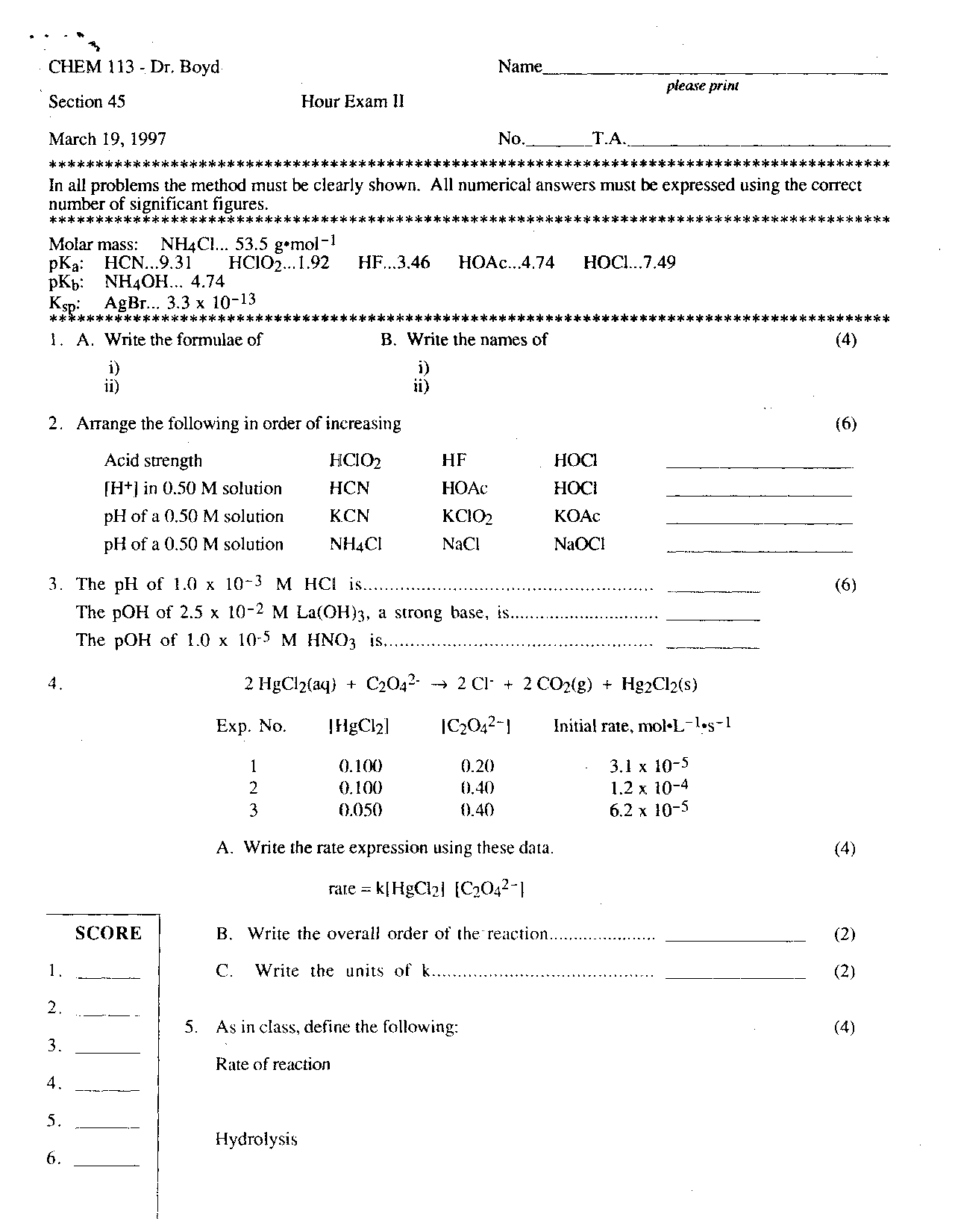 Exam 2 with Problems - General Chemistry I | CHEM 113 - Docsity