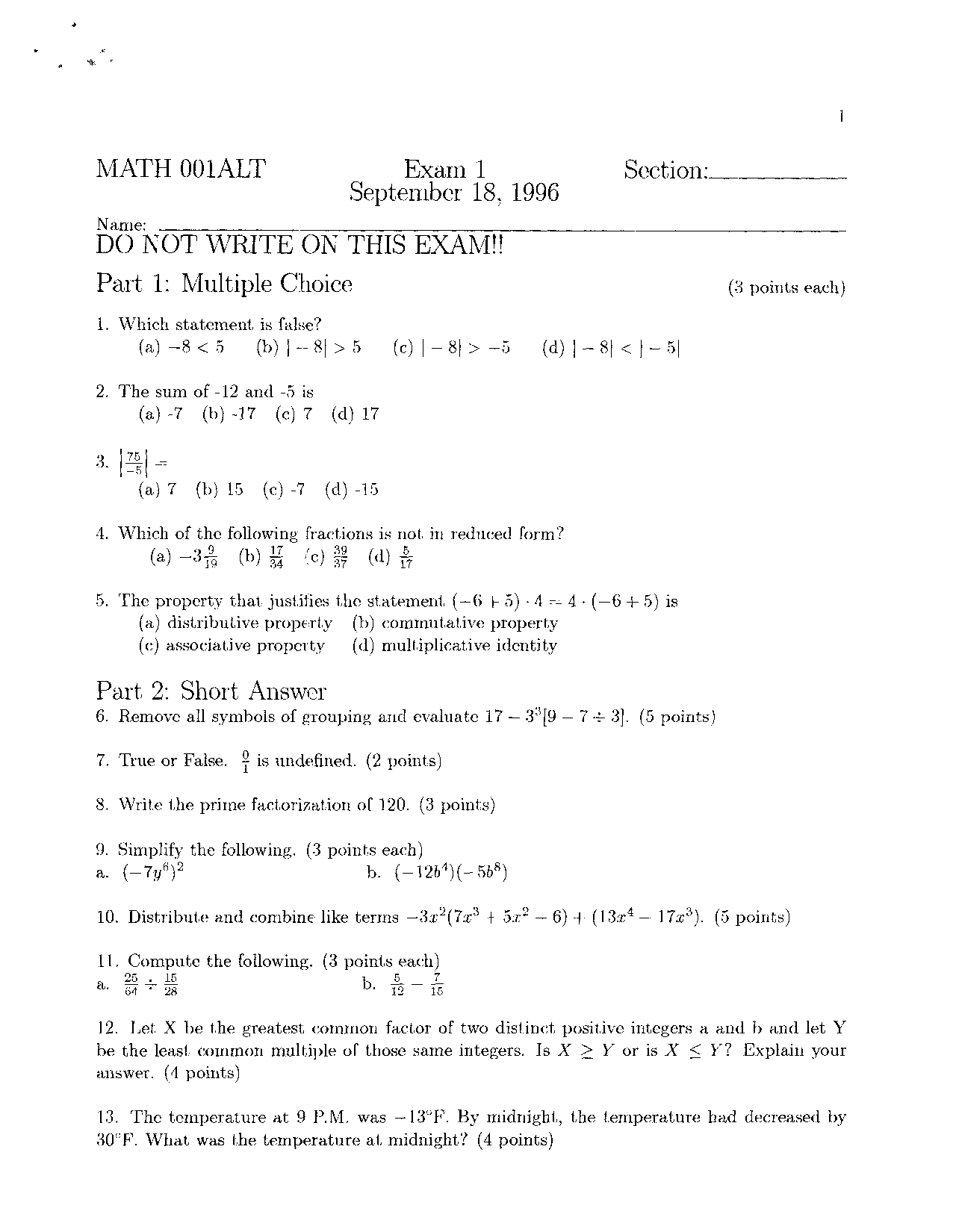 Old Exam with Answer Key - Development Mathematics | MATH 003 - Docsity