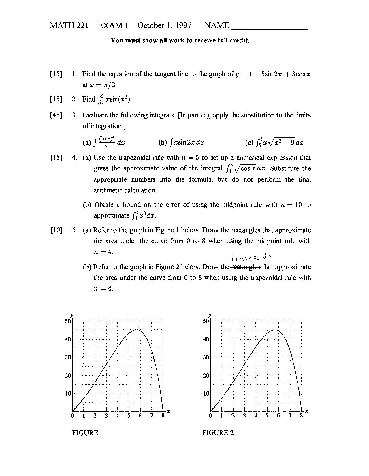 Exam 1 - 5 Questions of Elemental Calculus II - Fall 1997 | MATH 221 ...