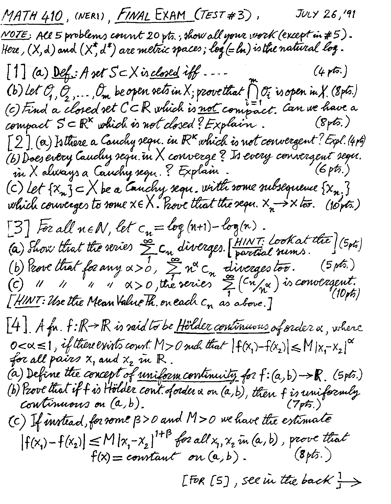 Handwritten 5 Questions of Advanced Calculus I - Final Exam | MATH 410 ...