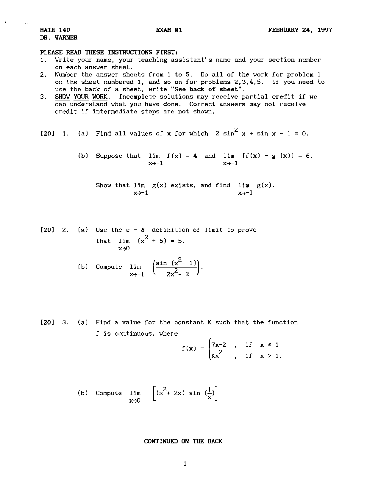 Past Exam 1 Questions - Calculus I - Fall 1997 | MATH 140 - Docsity