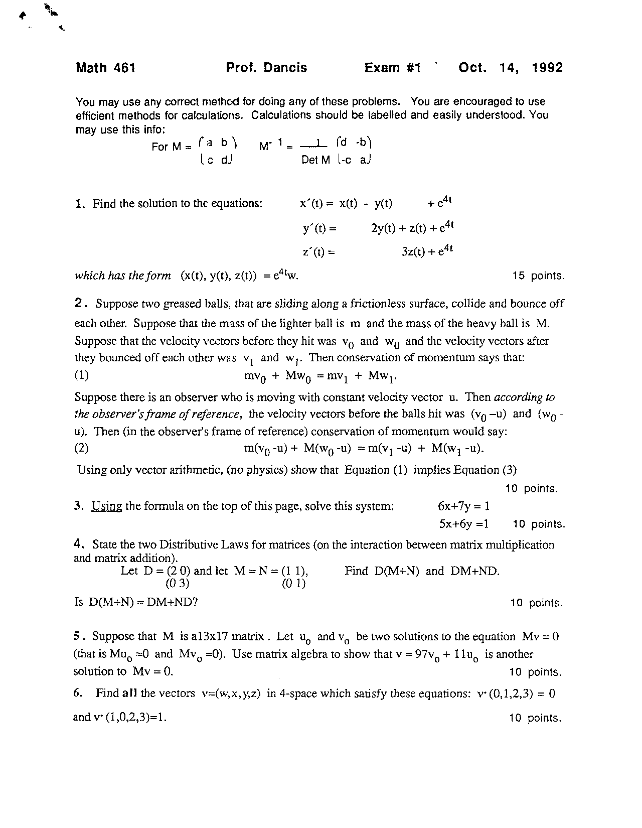 Exam 1 Questions Linear Algebra For Scientists And Engineers 1992 Math 461 Docsity