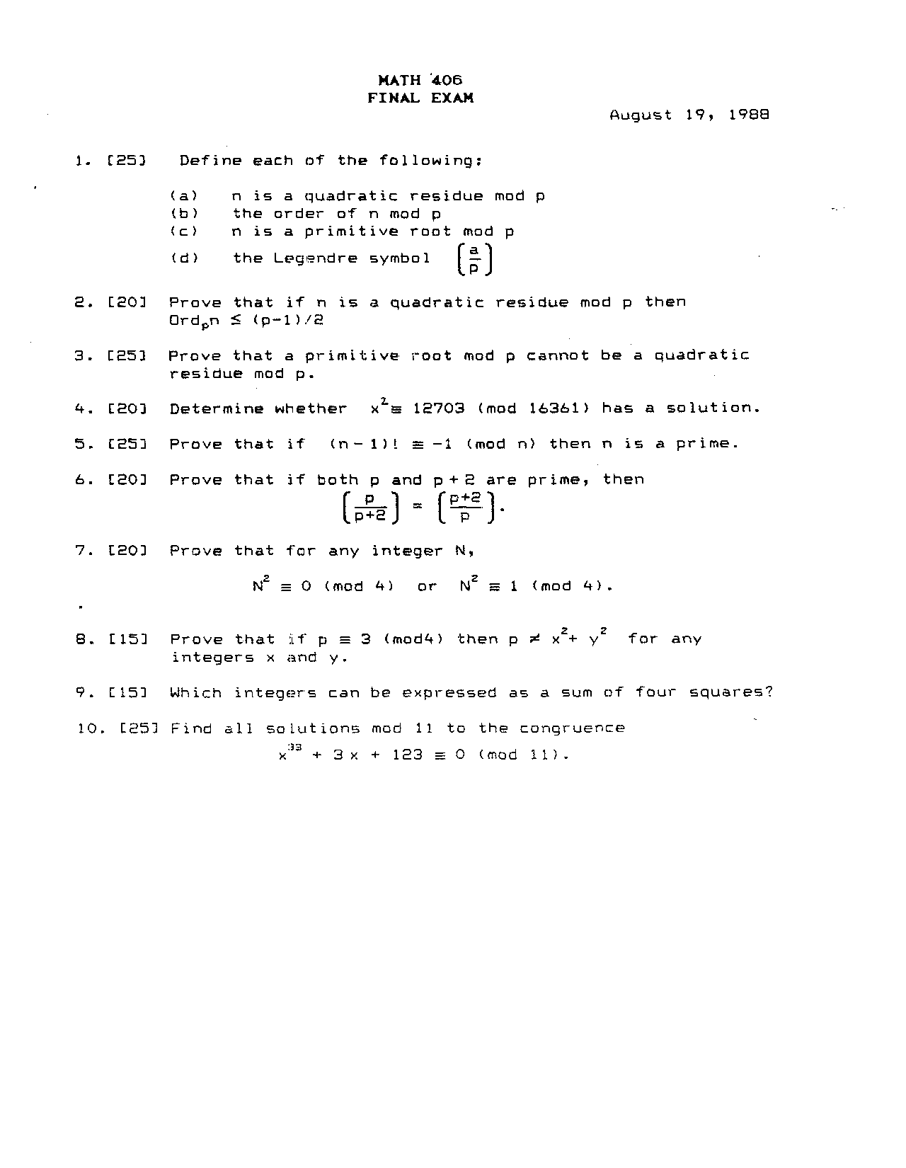 Theory Math Question Introduction to Number Theory - 10 Questions in Final Exam | MATH 406 ...