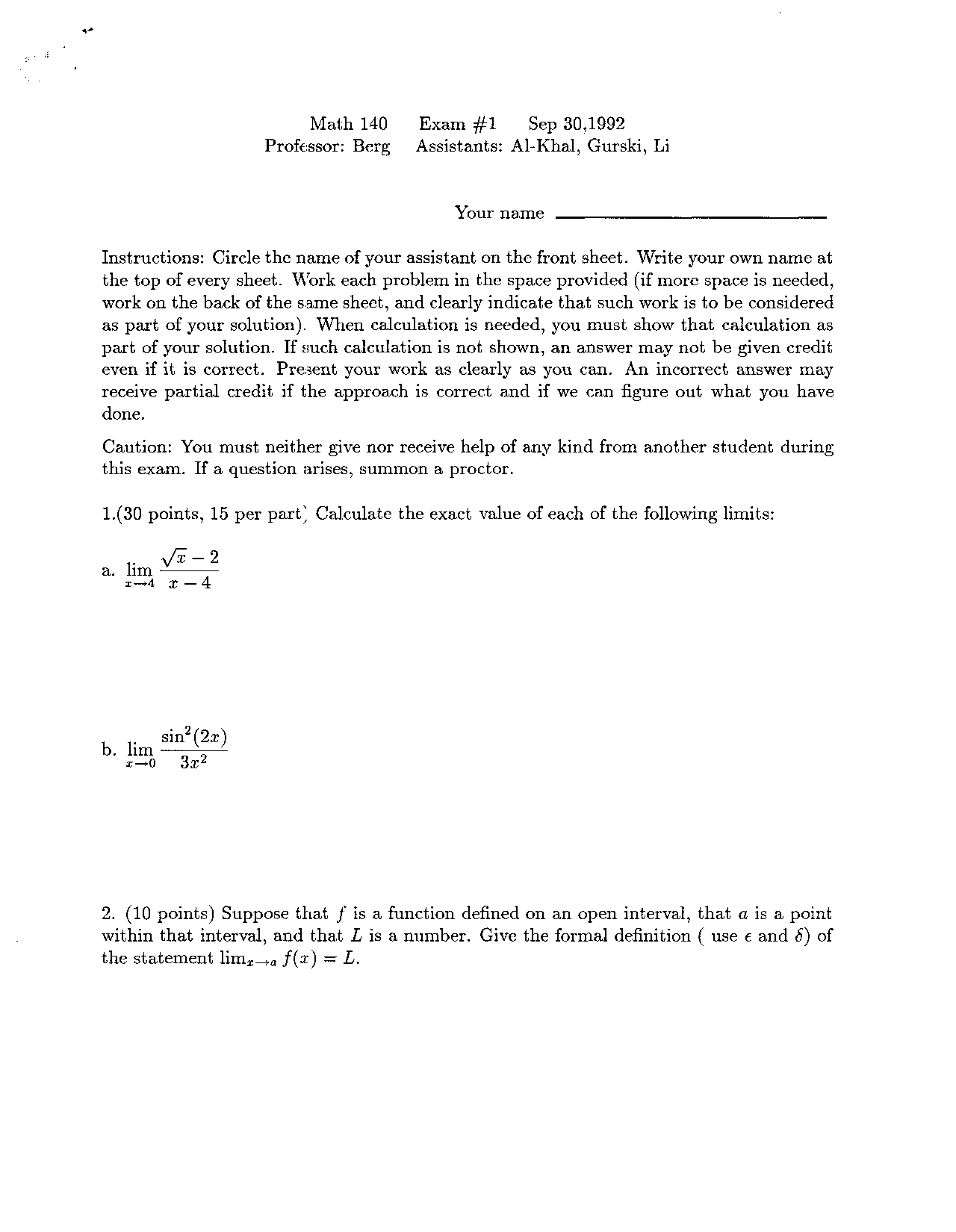 5 Problems on Calculus I - Examination 1 | MATH 140 - Docsity