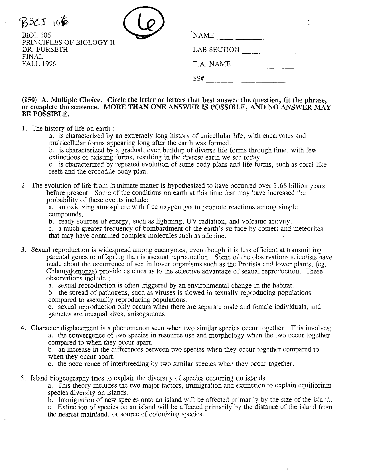 Final Exam MCQs - Principles of Biology II | BSCI 106 - Docsity