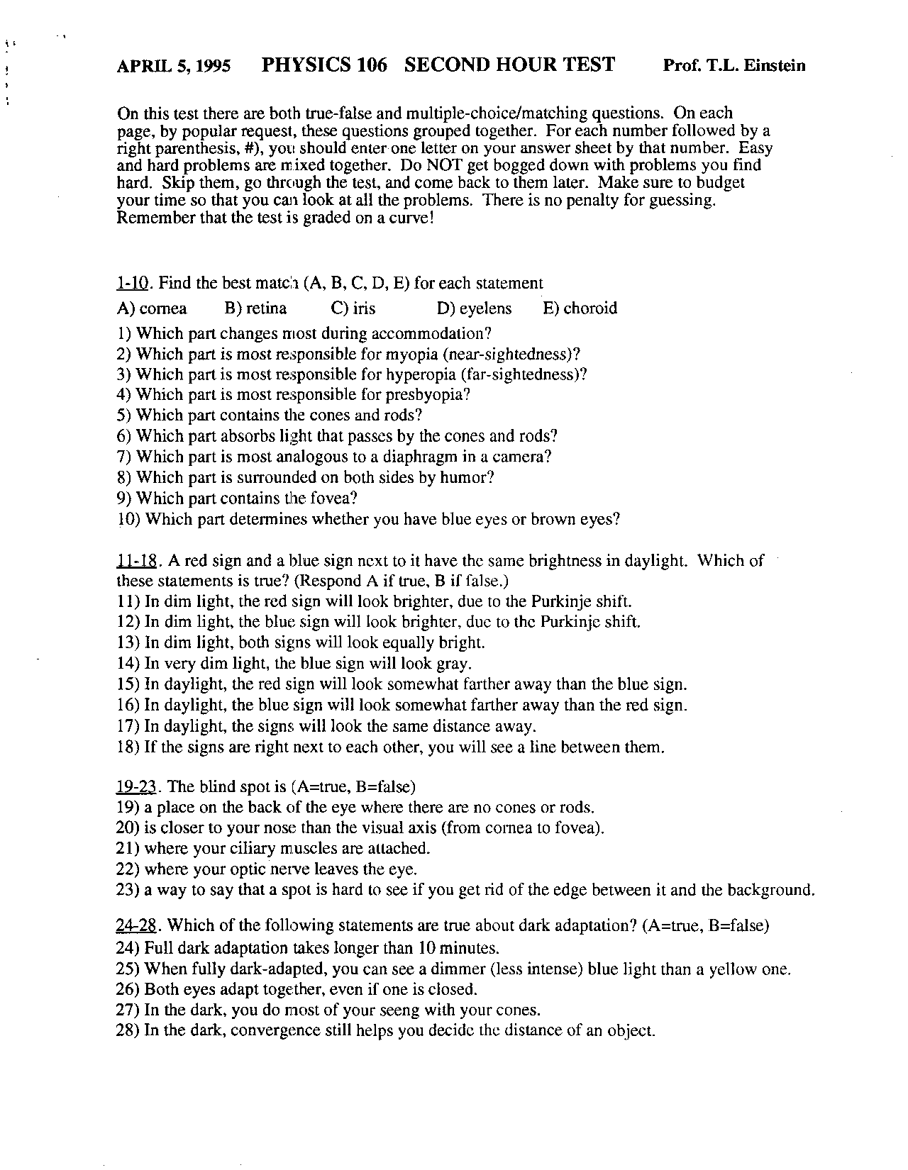 Light Perception Test Sample Practice Exam 2 - Light Percept and Phenomenon | PHYS 106 - Docsity