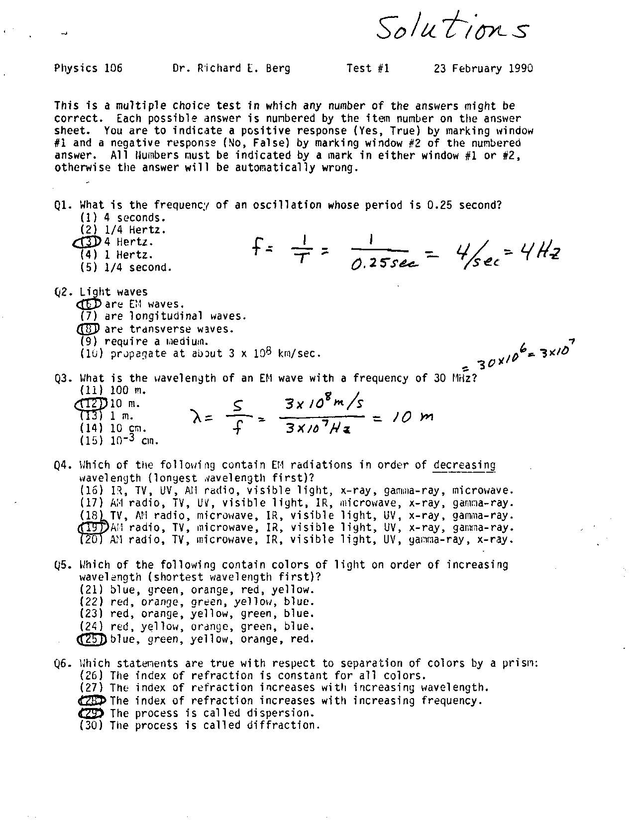 Light Perception Test Sample Test 1 with Solution - Light Perception Phenomenon | PHYS 106 - Docsity