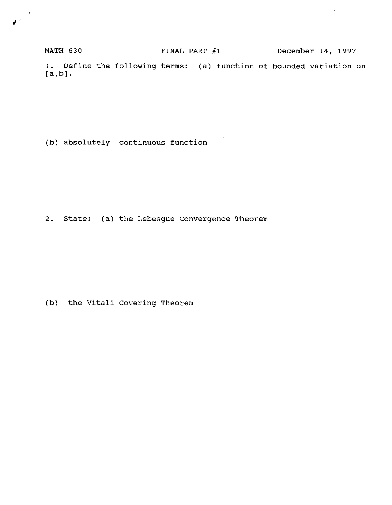 Final Examination Part 1 Problems - Real Analysis | MATH 630 - Docsity