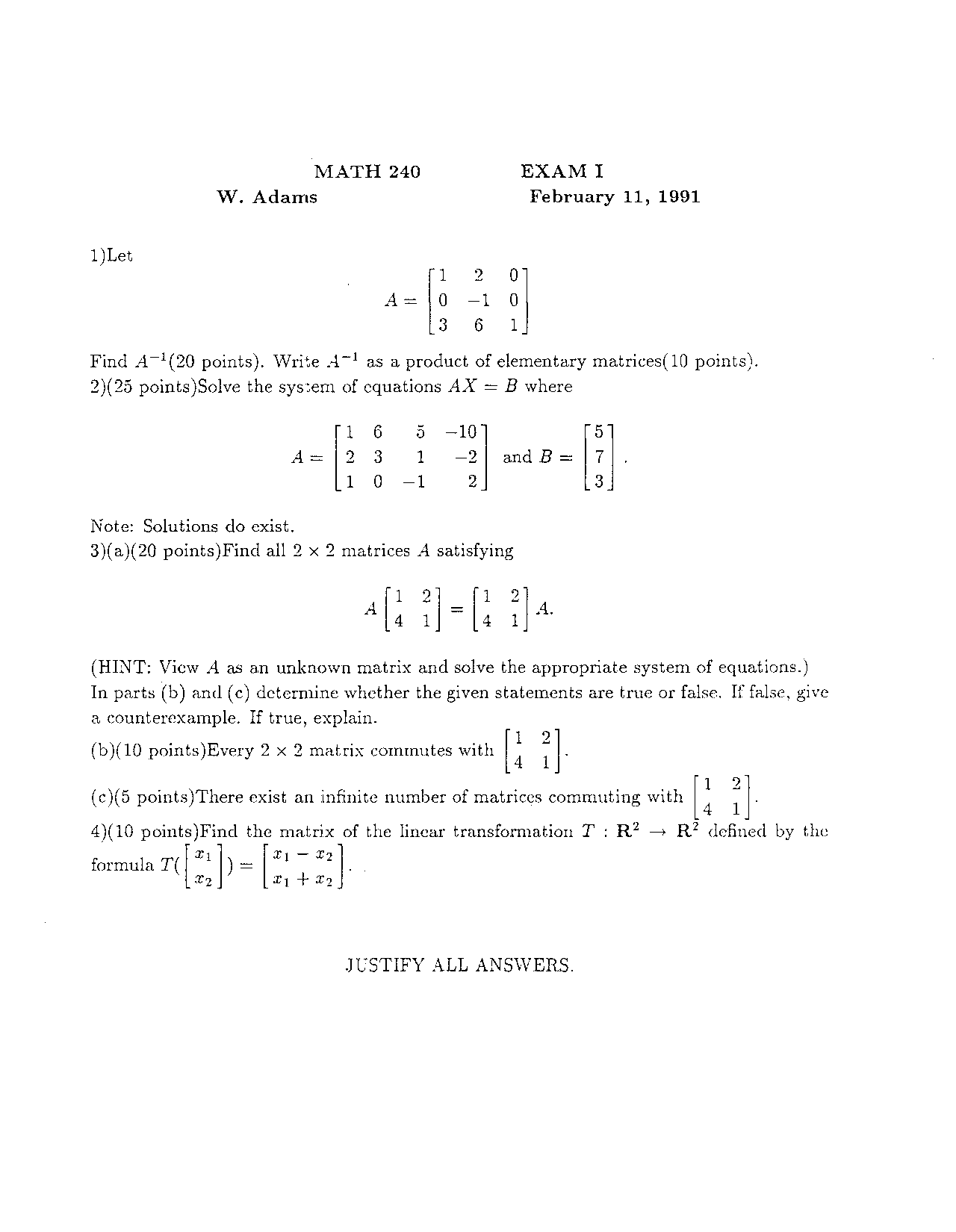 4 Questions Exam 1 - Linear Algebra | MATH 240 - Docsity