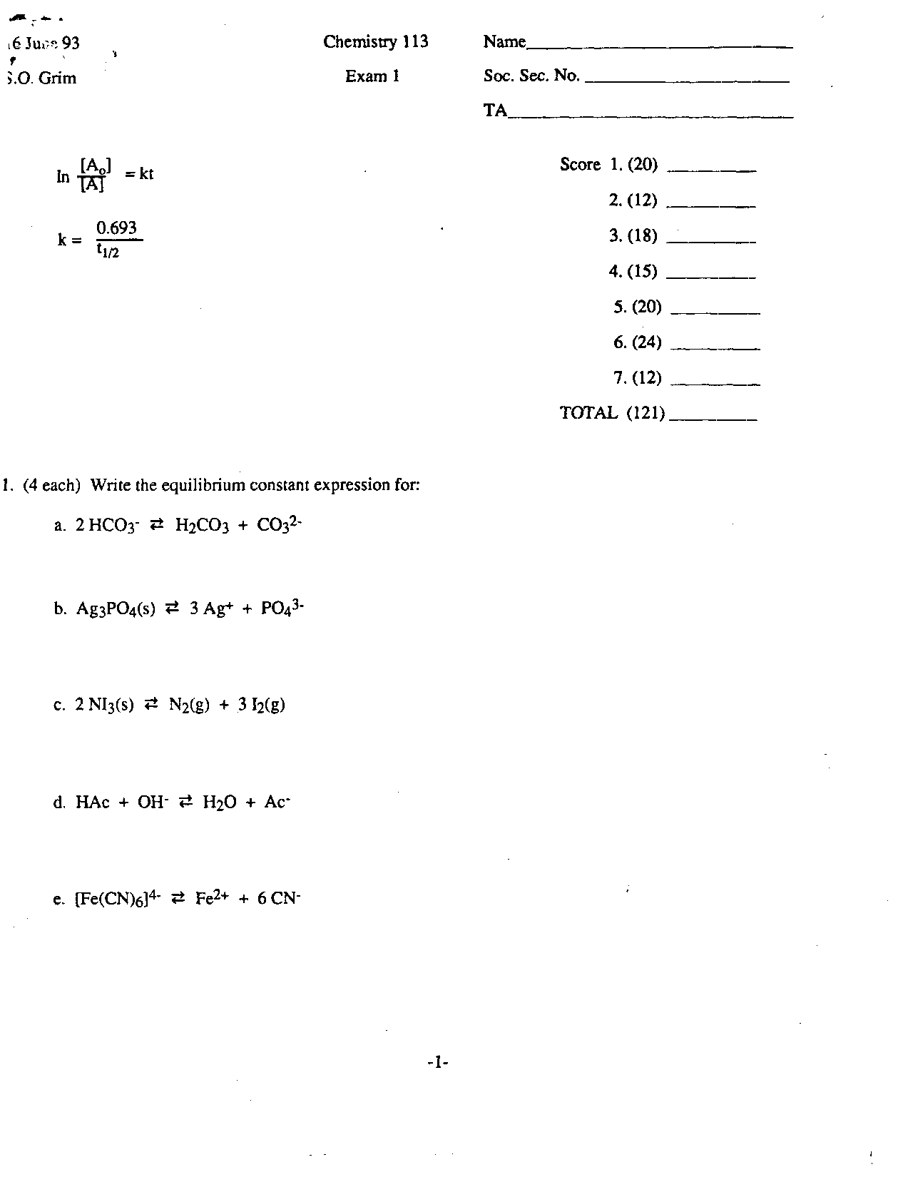 Summer Exam 1 Questions - General Chemistry I | CHEM 113 - Docsity