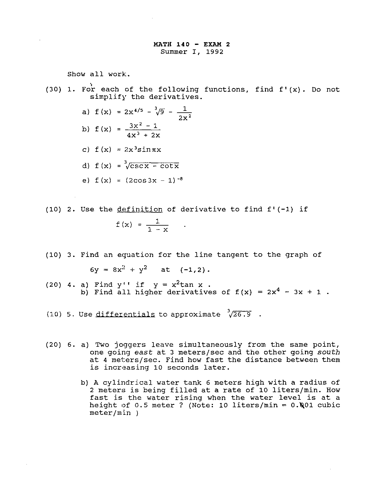 Exam 2 (Summer I) - Calculus I | MATH 140 - Docsity