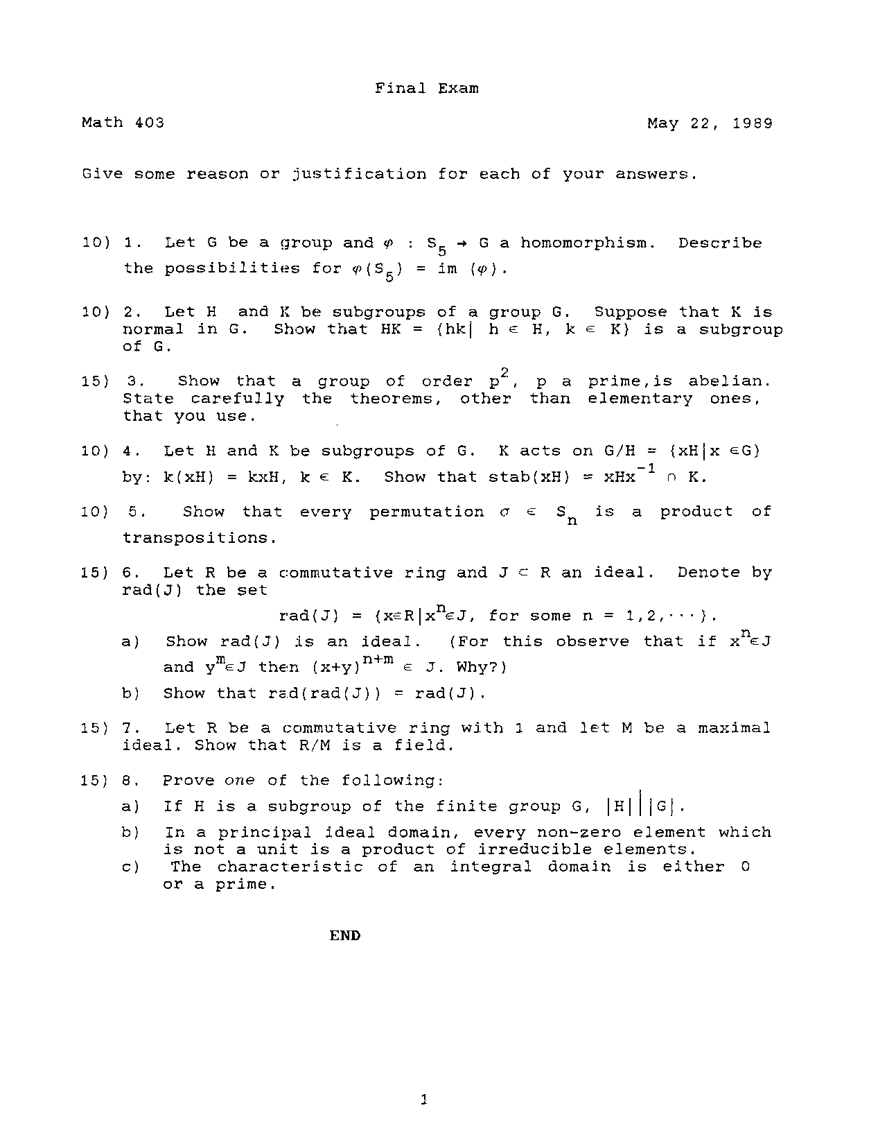 8 Questions For Final Exam Introduction To Abstract Algebra Math 403 Docsity