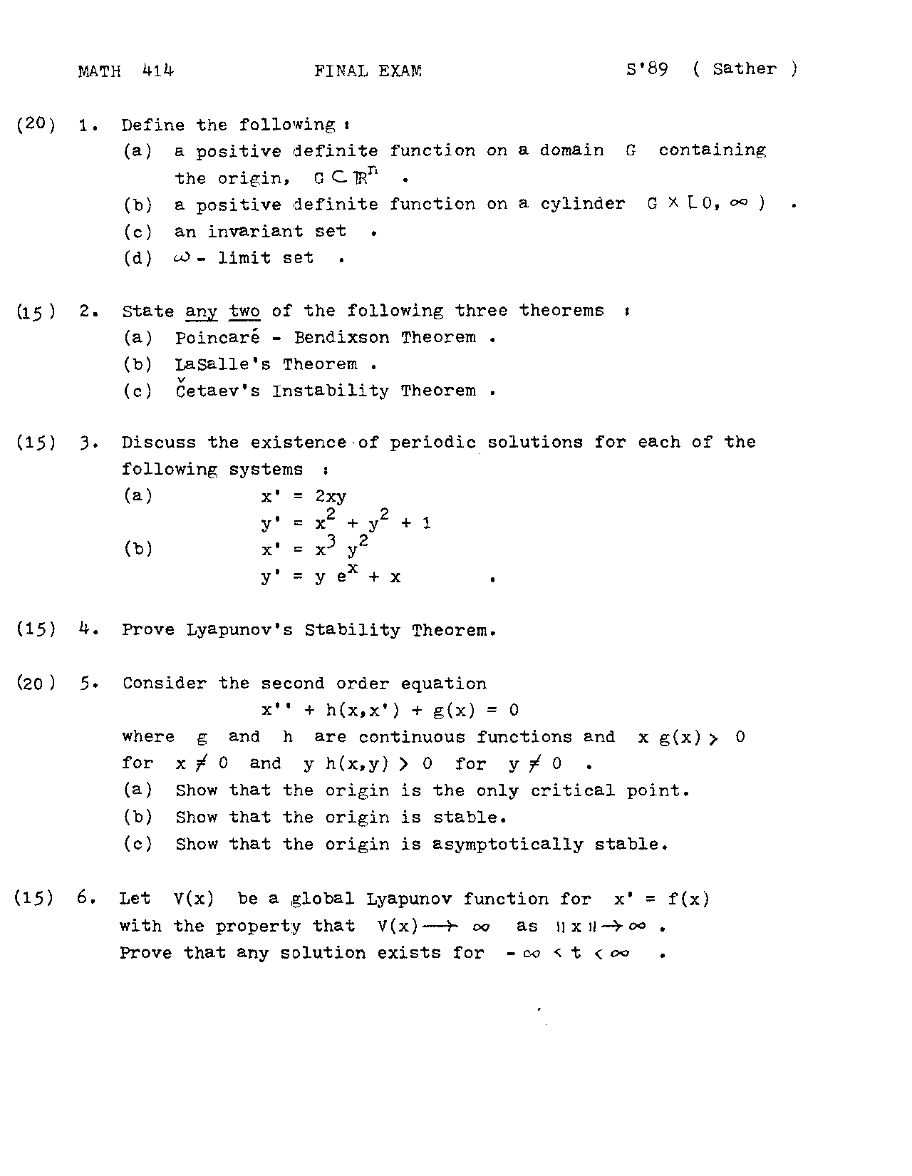 Final Exam Questions Differential Equations Math 414 Docsity