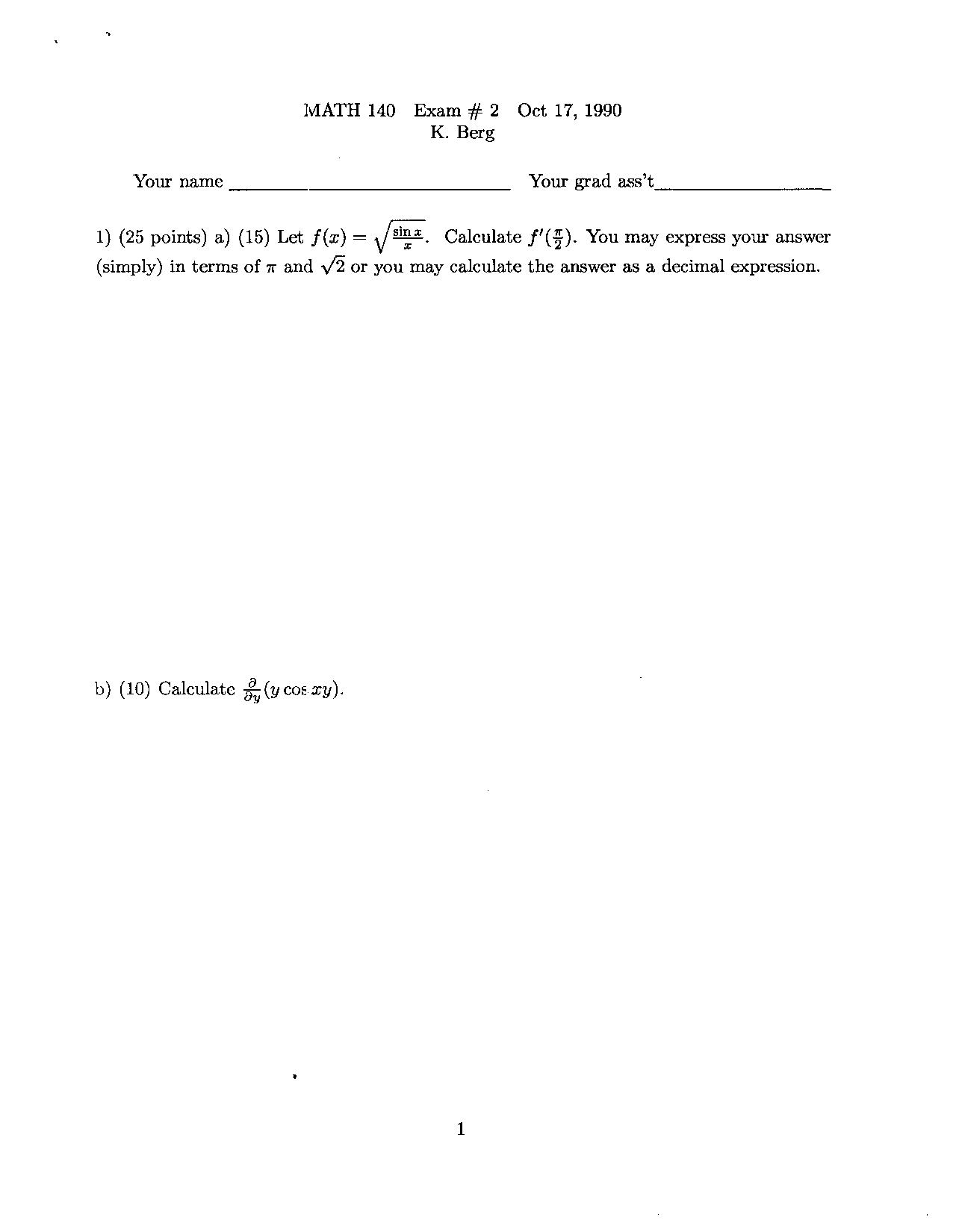 1890 Math Test Examples Exam 2 Questions for Calculus I - Fall 1990 | MATH 140 - Docsity